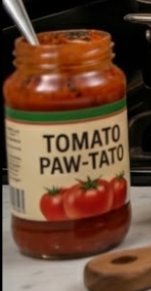Jar of tomato sauce labeled "Tomato Paw-Tato" with a tomato graphic on the label.