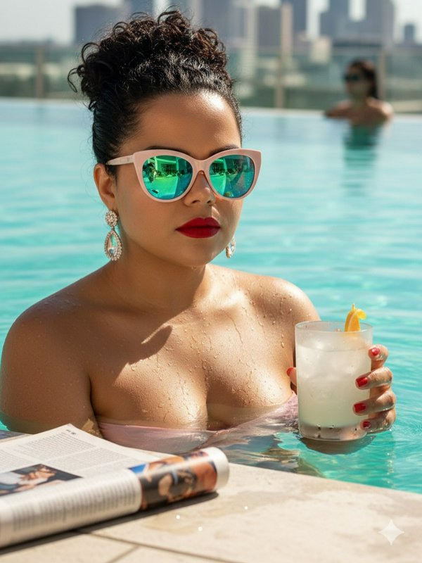 Glamorous woman in pink cat-eye sunglasses holds a citrus cocktail while relaxing in a turquoise ...