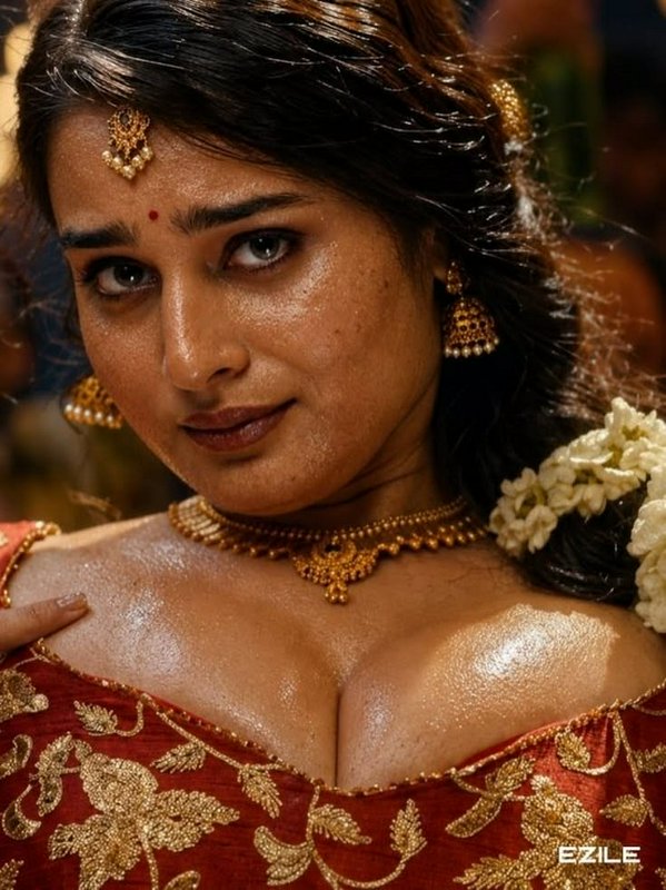 Close-up portrait of South Indian woman in traditional gold jewelry, red embroidered saree with j...
