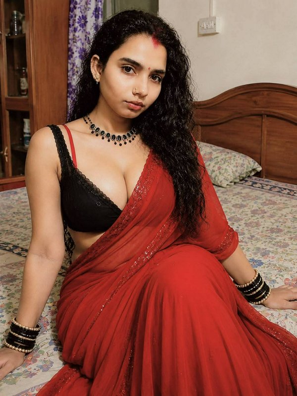 Portrait of a South Asian woman with curly hair seated on a home bed in a red saree with traditio...