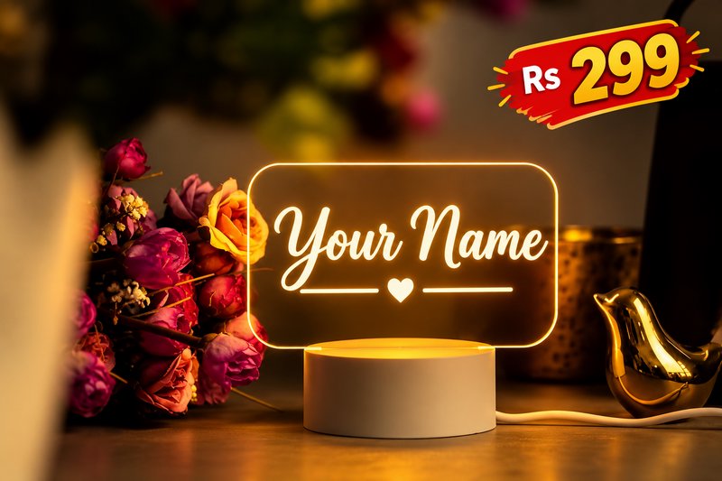 Custom warm glowing personalized LED name display lamp with floral decor and Rs 299 price tag