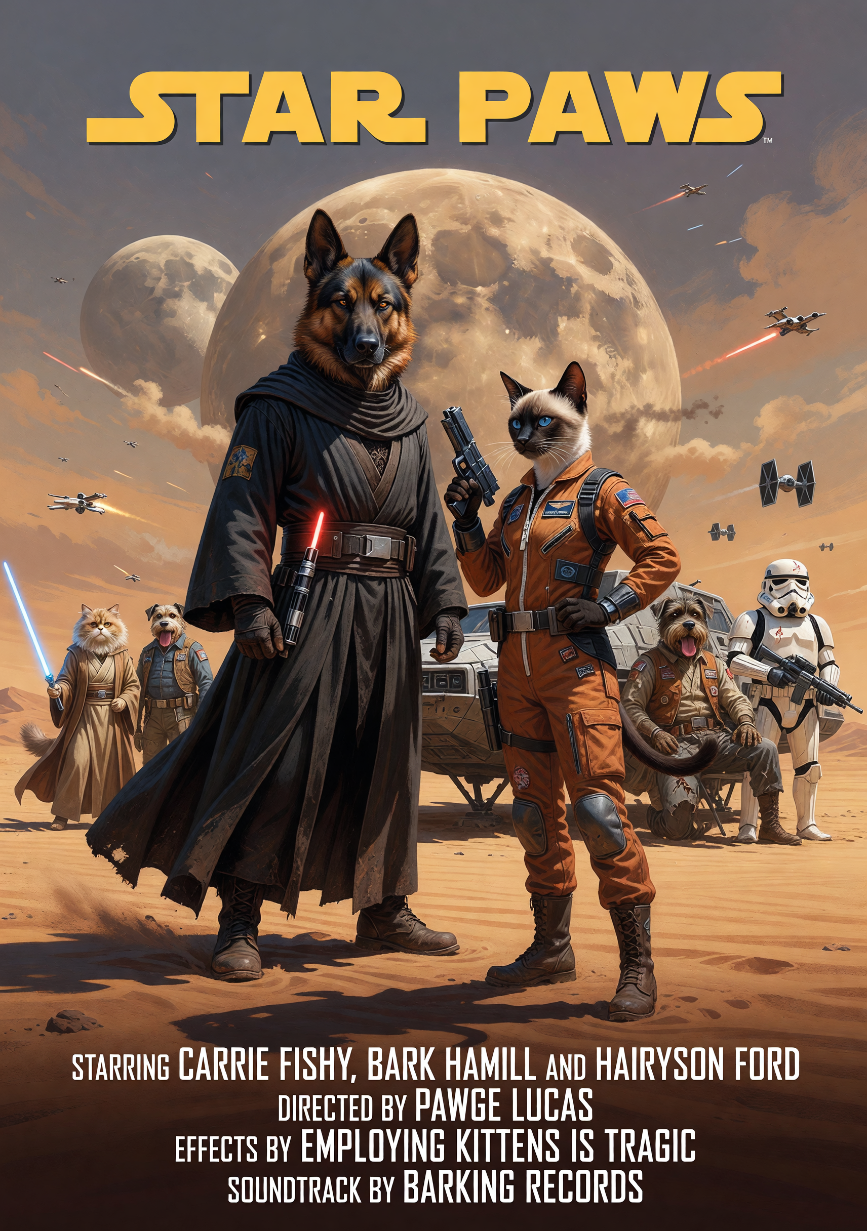 Star Wars–inspired group of heroic dogs in a desert with lightsabers and space battle backdrop.