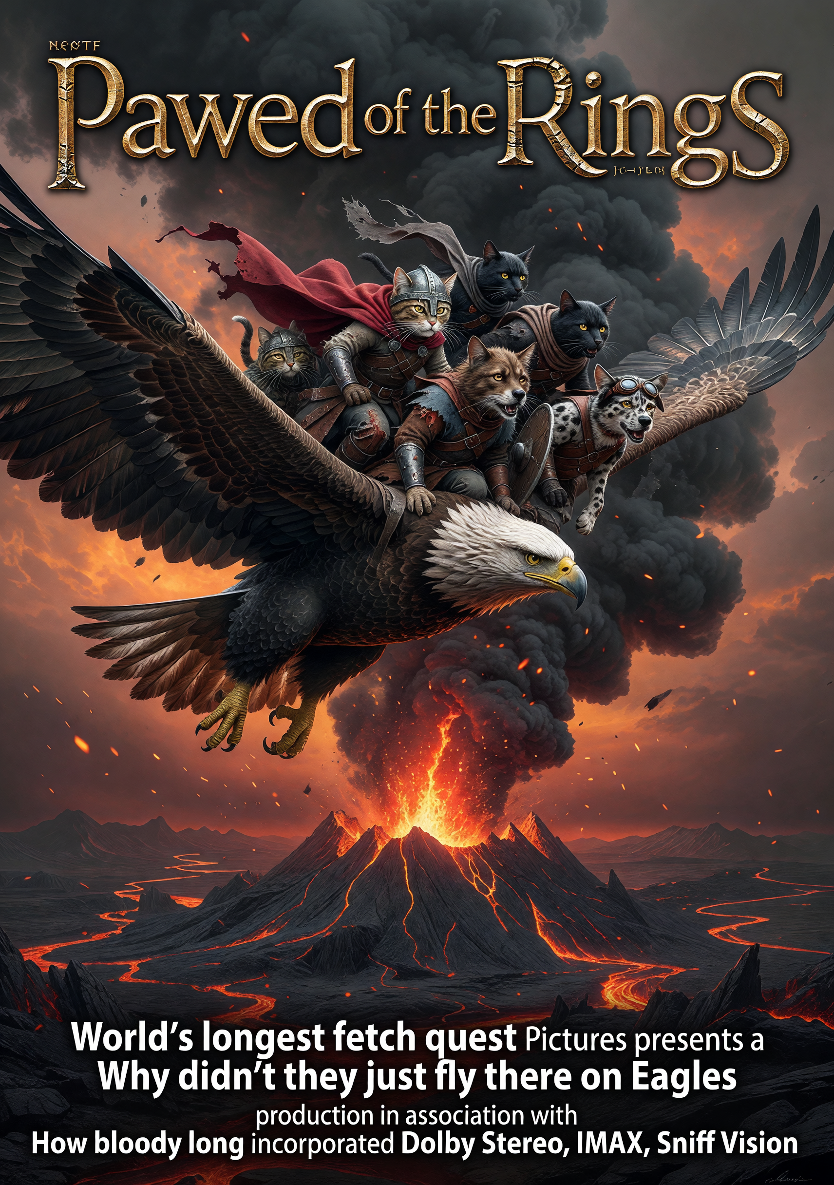 Dogs riding a giant eagle over a volcanic landscape in a fantasy poster.