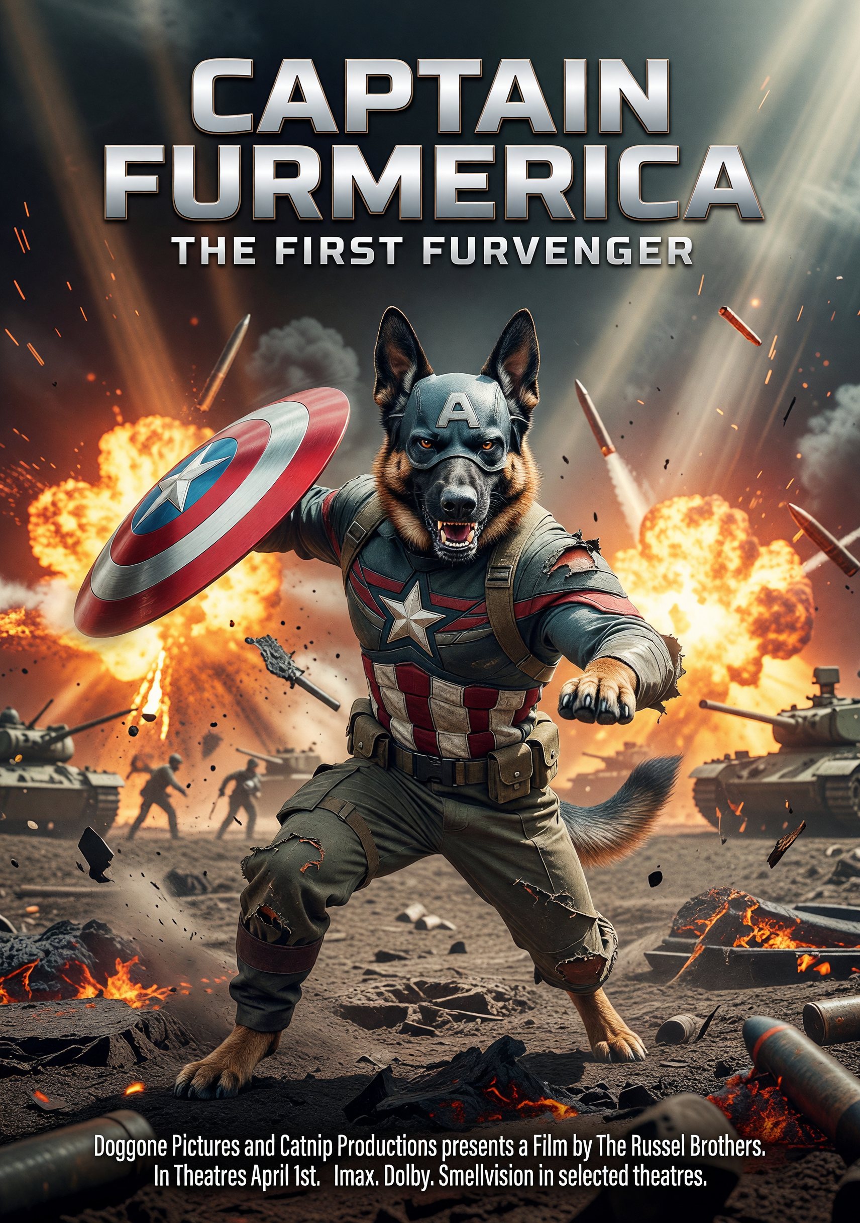 Dog dressed as Captain America with shield in a fiery battle scene.
