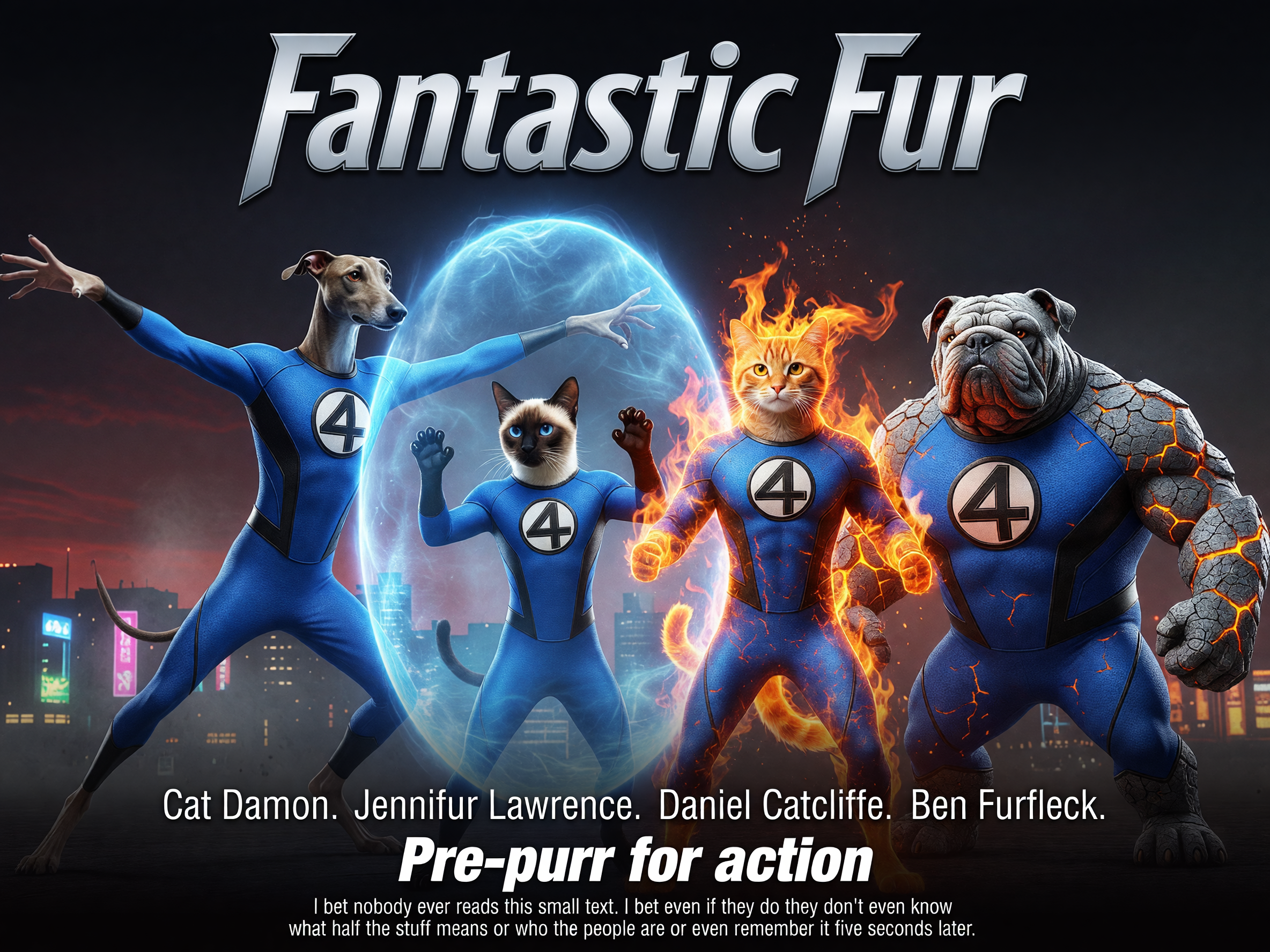Poster of Fantastic Fur featuring four animal superheroes in blue suits.