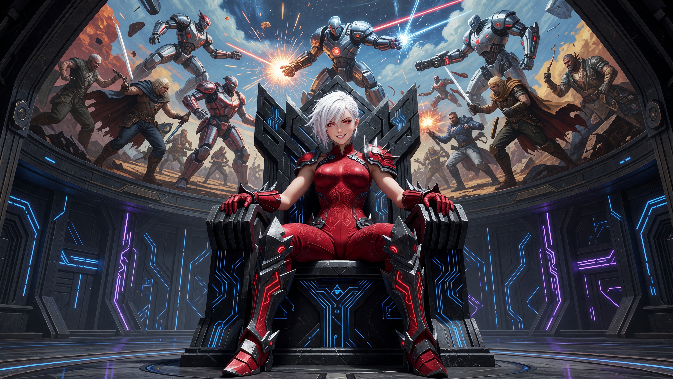 Woman in red futuristic armor sits on a high-tech throne as a sci-fi battle scene unfolds behind her.
