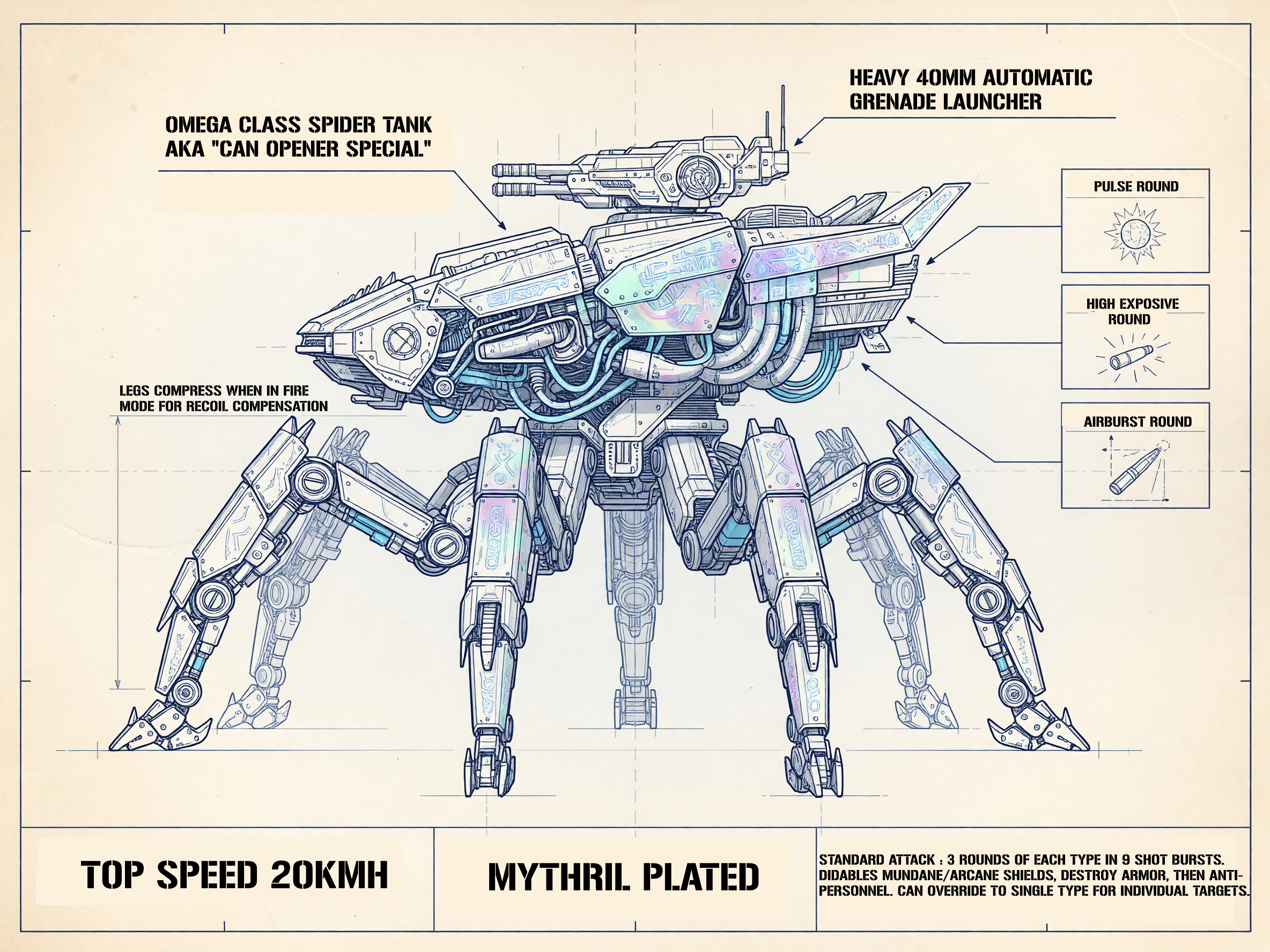 Technical blueprint of a Mythril-plated six-legged spider tank with a heavy grenade launcher