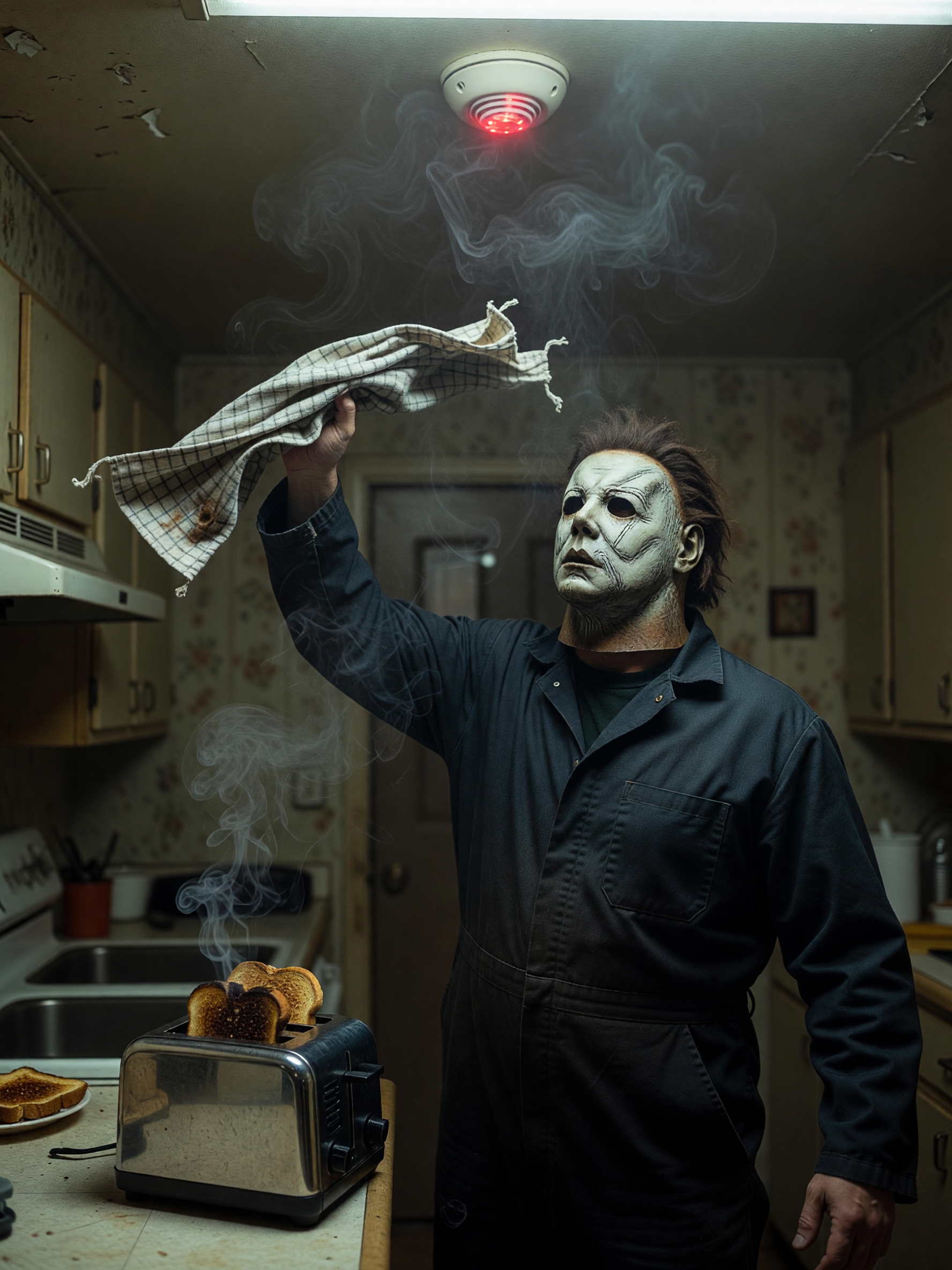 A masked figure in a dark jumpsuit raises a towel over a smoking toaster in a dim, retro kitchen.