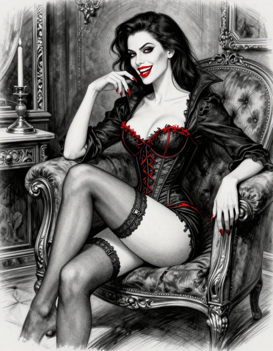 Monochrome pencil sketch of sultry gothic vampire woman in red-trimmed corset seated in an ornate Victorian armchair