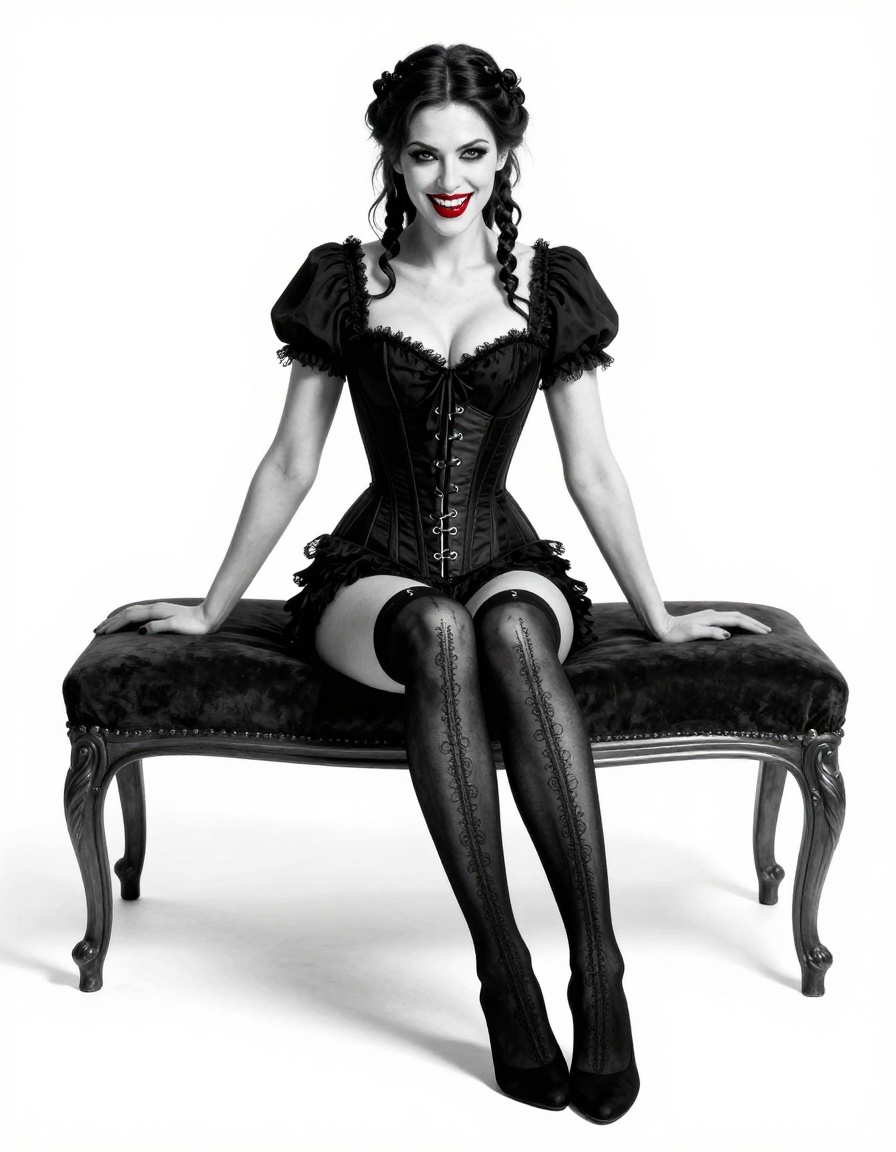 Smiling woman with braided hair in a vintage black corset sits on an ornate velvet bench, bold red lipstick, studio portrait.