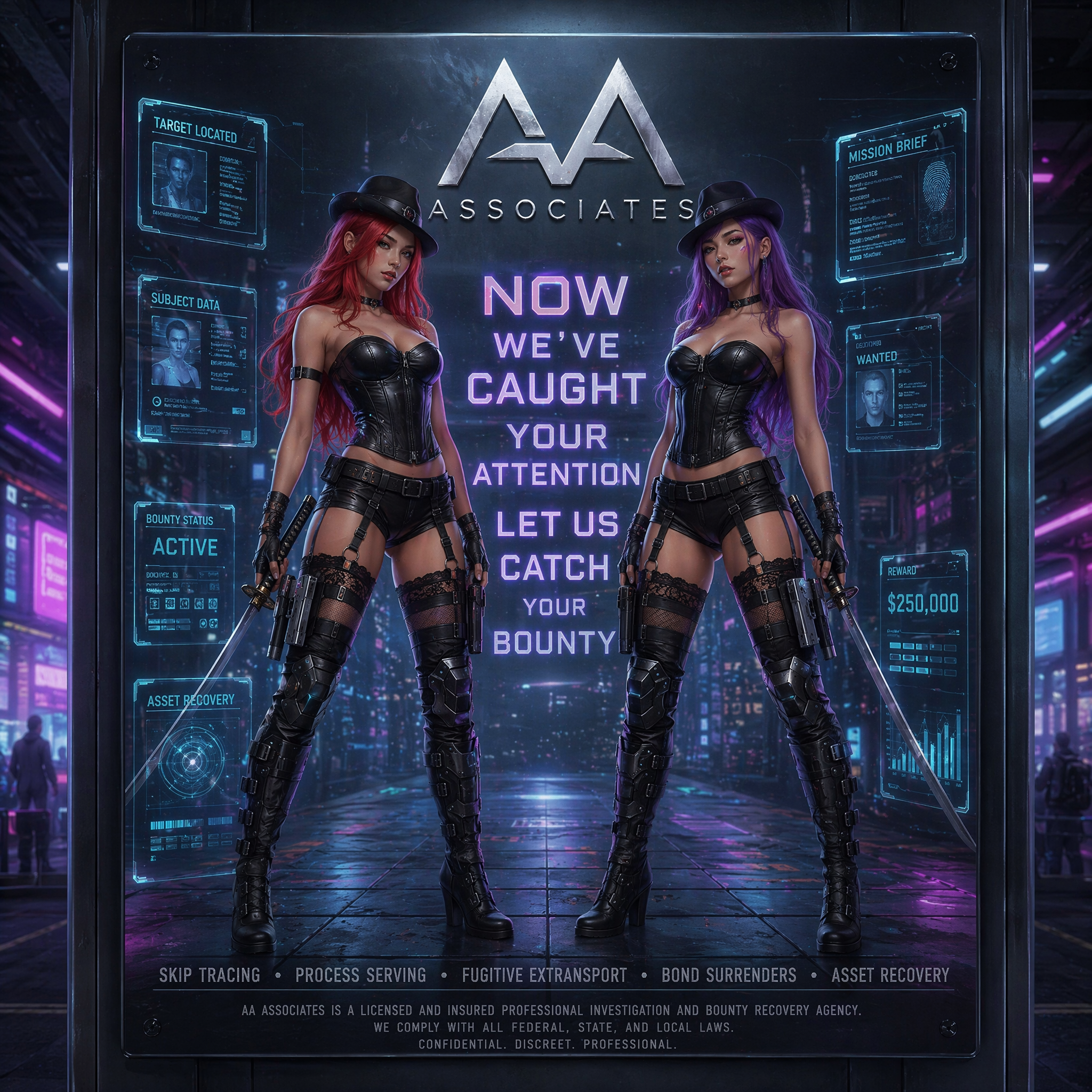Cyberpunk bounty agency poster showing two armed female operatives in a neon lit futuristic city corridor