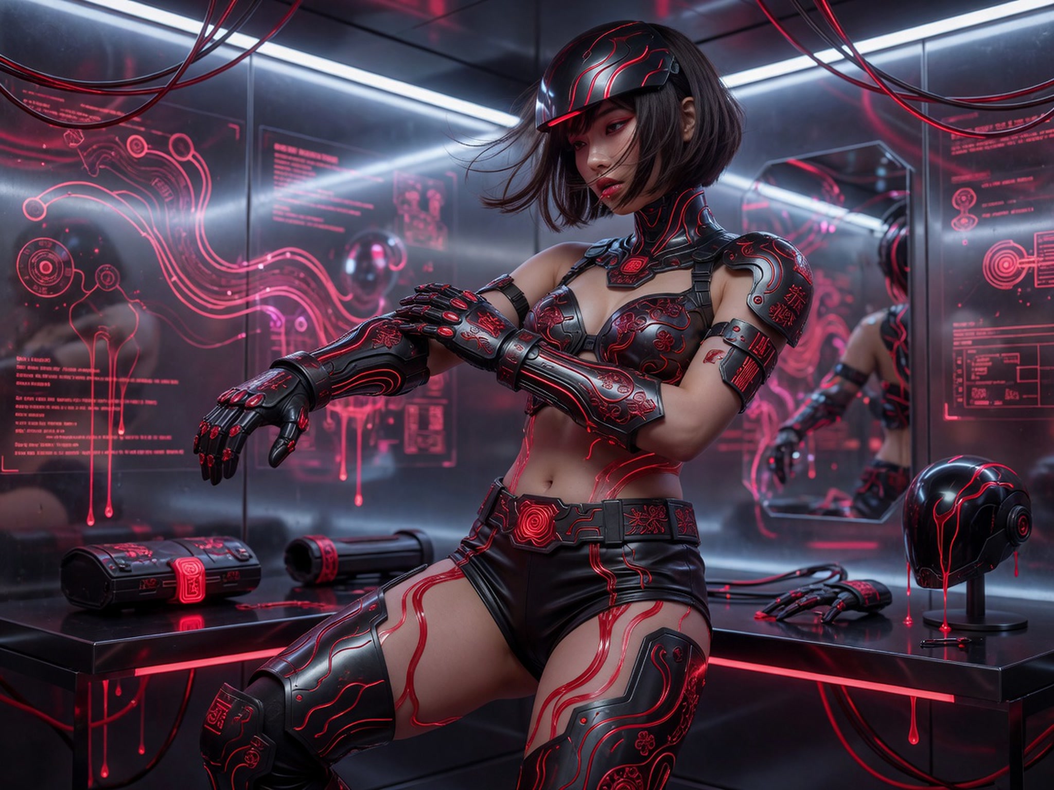 Cyberpunk woman in black red-accented futuristic armor stands in a neon-lit sci-fi laboratory