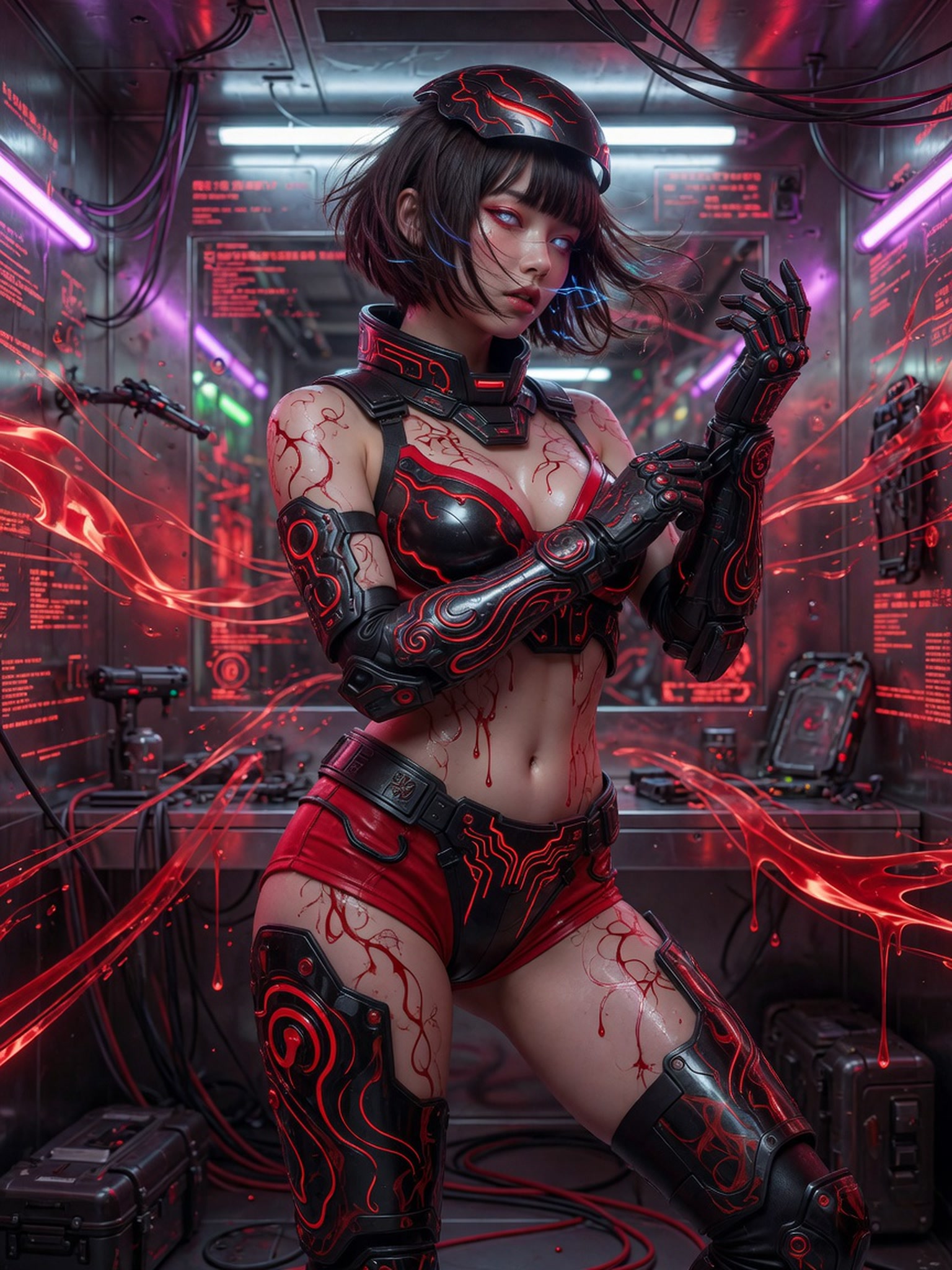 Cyberpunk female cyborg in black-red tactical armor stands in a neon-lit metallic sci-fi lab with glowing red energy wisps.