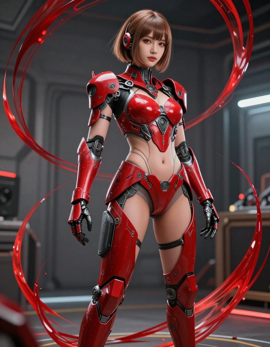 [Futuristic female cyborg in glossy red mechanical armor stands surrounded by swirling red energy trails inside a sci-fi f...