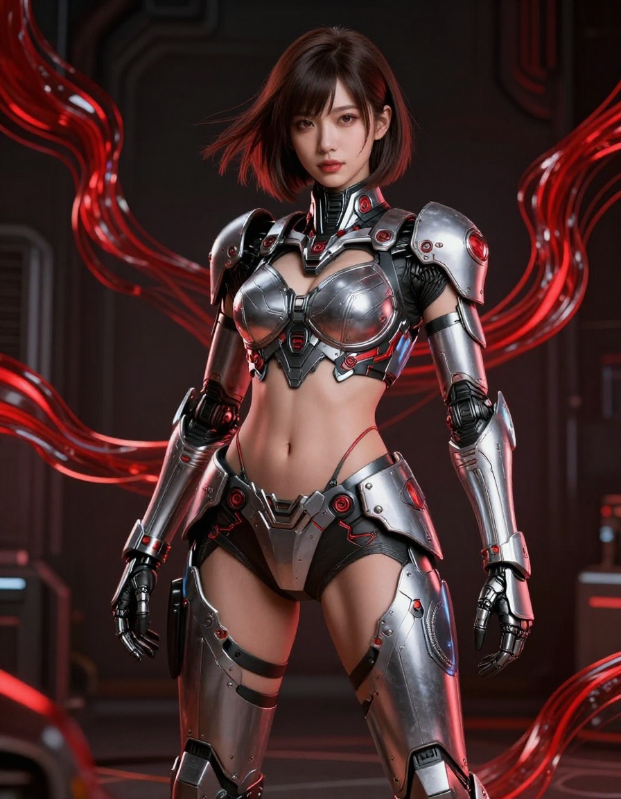 Hyperrealistic female cyborg in polished silver sci-fi combat armor, surrounded by glowing red energy tendrils in a dark f...