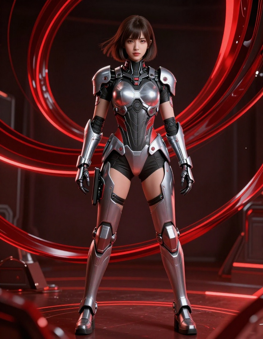 Futuristic female sci-fi warrior in polished silver cyber armor stands before swirling glowing red neon ring backdrop.