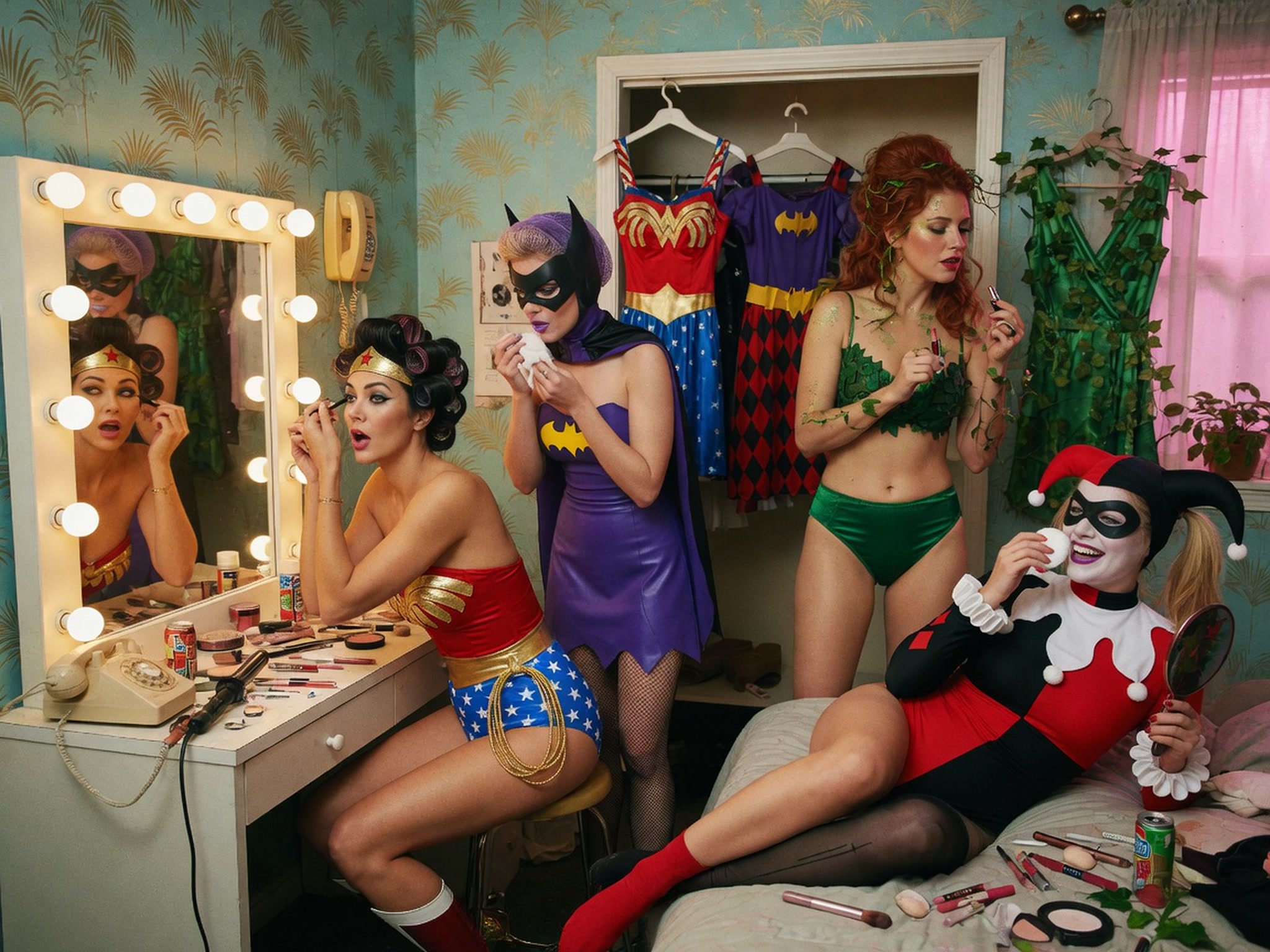 Four DC character cosplayers as Wonder Woman, Batgirl, Poison Ivy, Harley Quinn apply makeup in a retro dressing room.