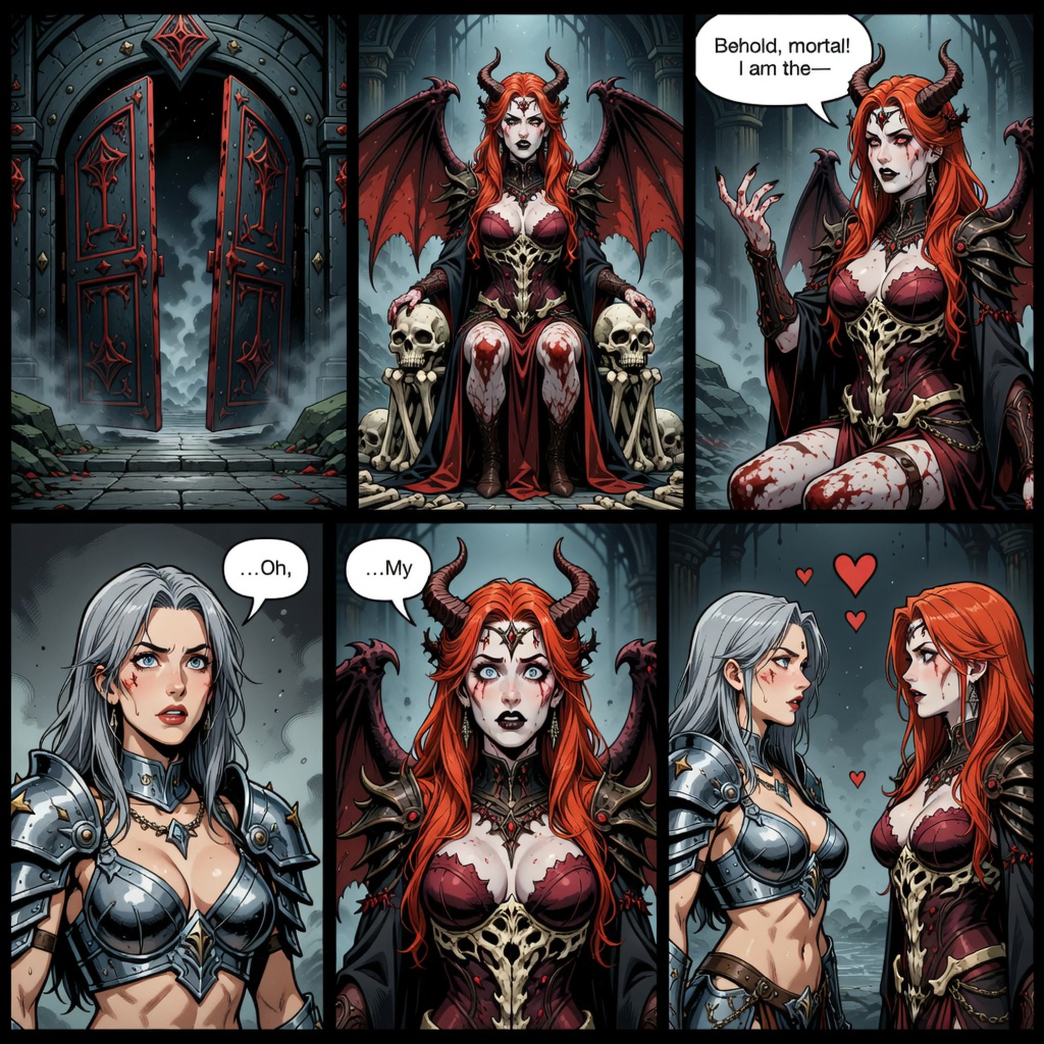 [Six panel dark fantasy comic of a flustered horned demon queen falling for an arriving armored knight, with romantic hear...