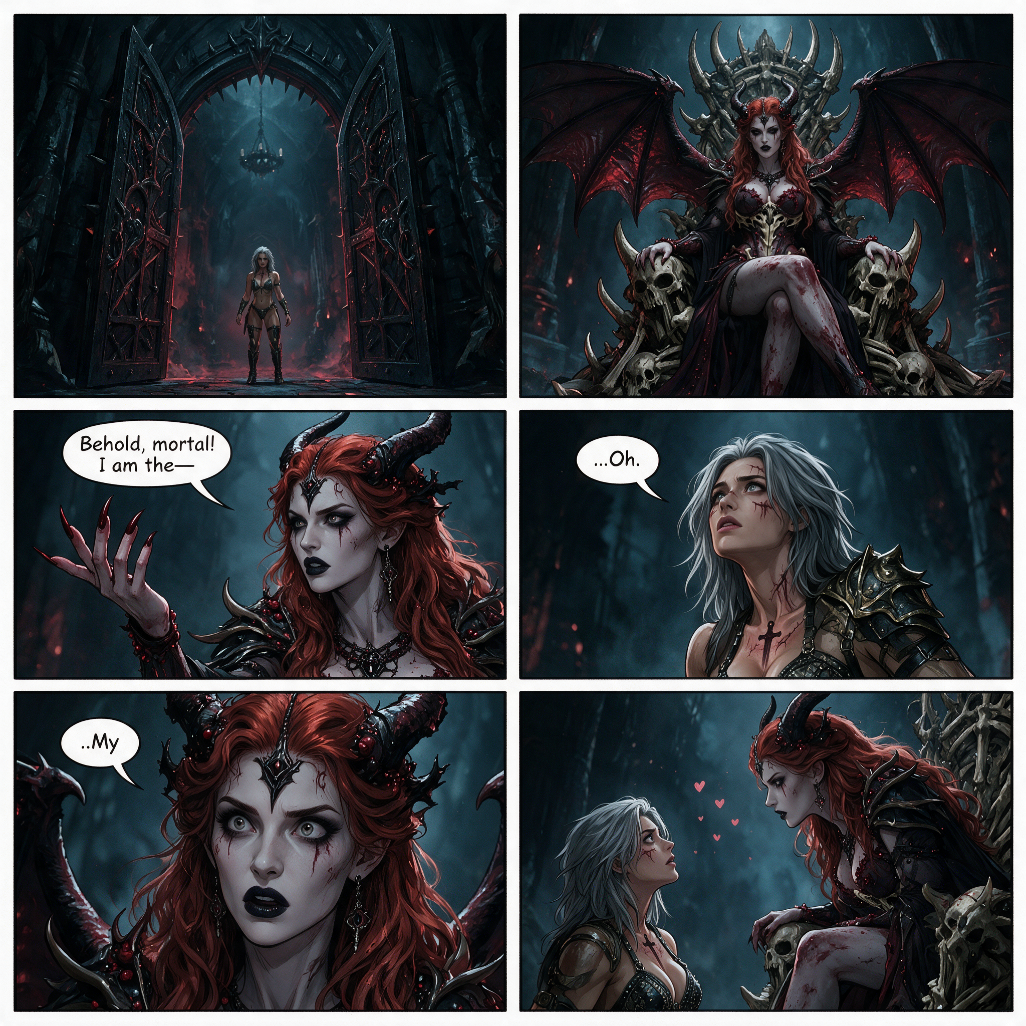 6-panel dark fantasy comic of a horned demon queen instantly falling for the silver-haired warrior who enters her gothic c...