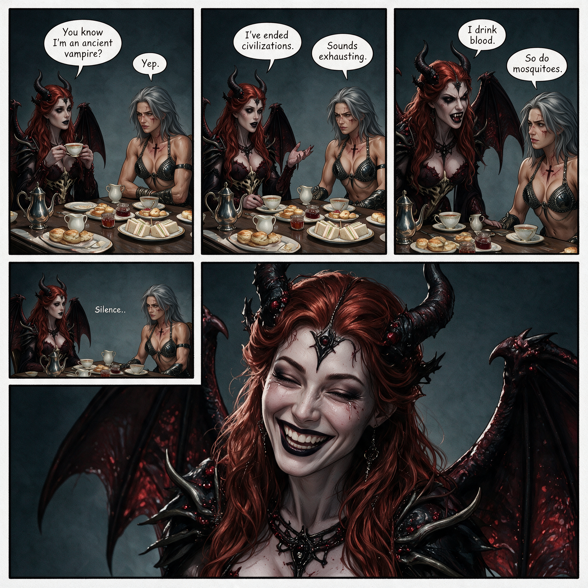 5-panel dark fantasy comic meme of a horned vampire demon bantering with her warrior friend over afternoon tea for a silly...