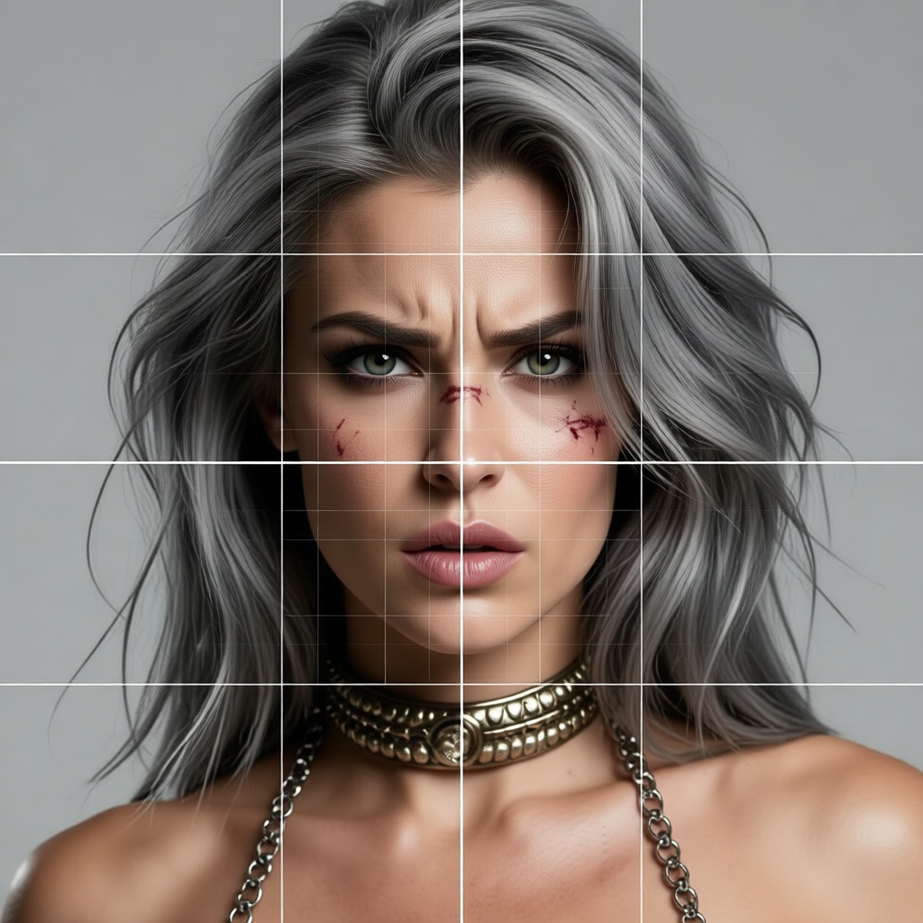 [Close-up portrait of a fierce battle-scarred silver-haired warrior woman, overlaid with a rule of thirds composition guid...