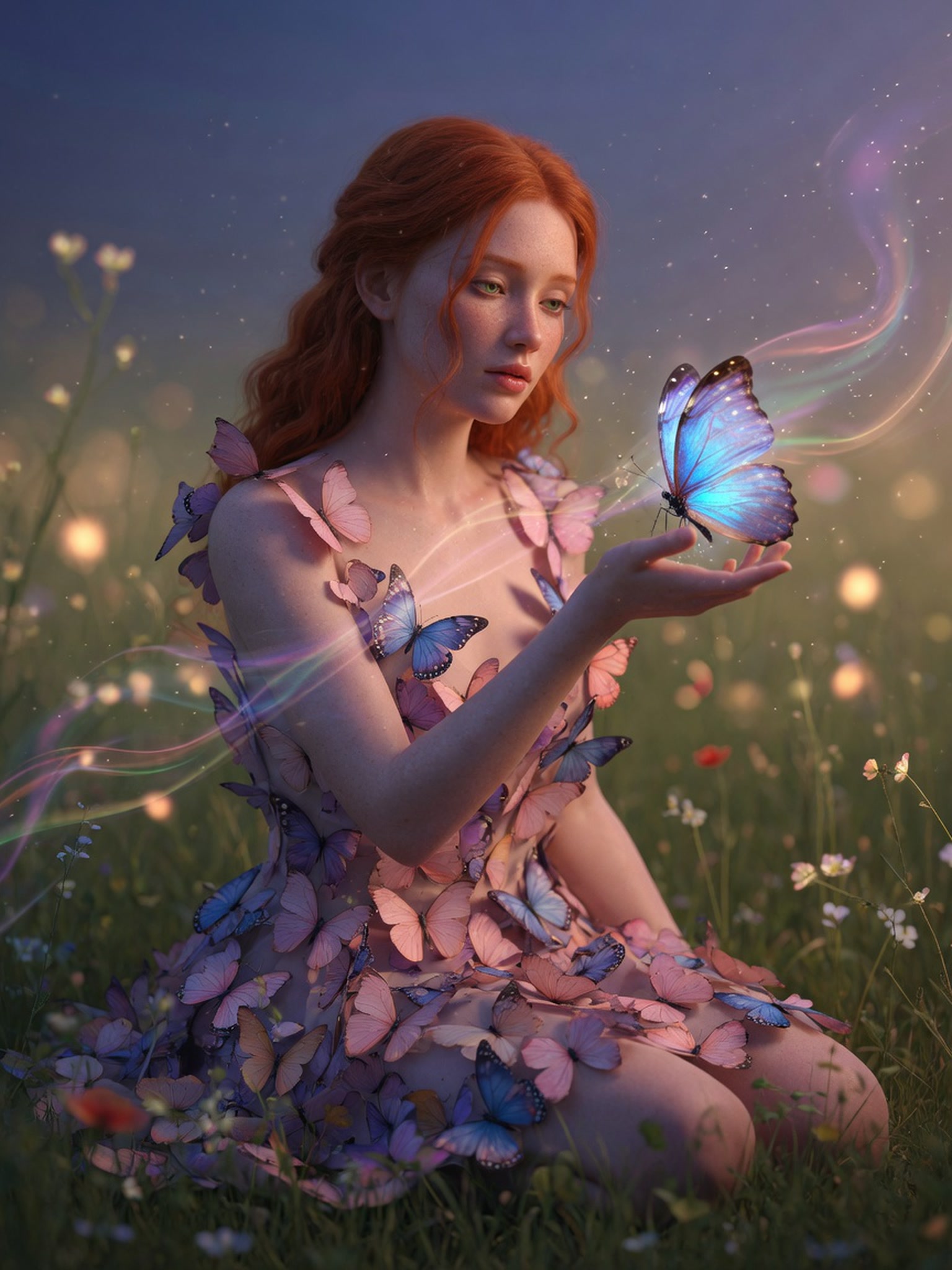 Ethereal red-haired fairy seated in a twilight wildflower meadow, holding a glowing blue butterfly surrounded by pastel wi...