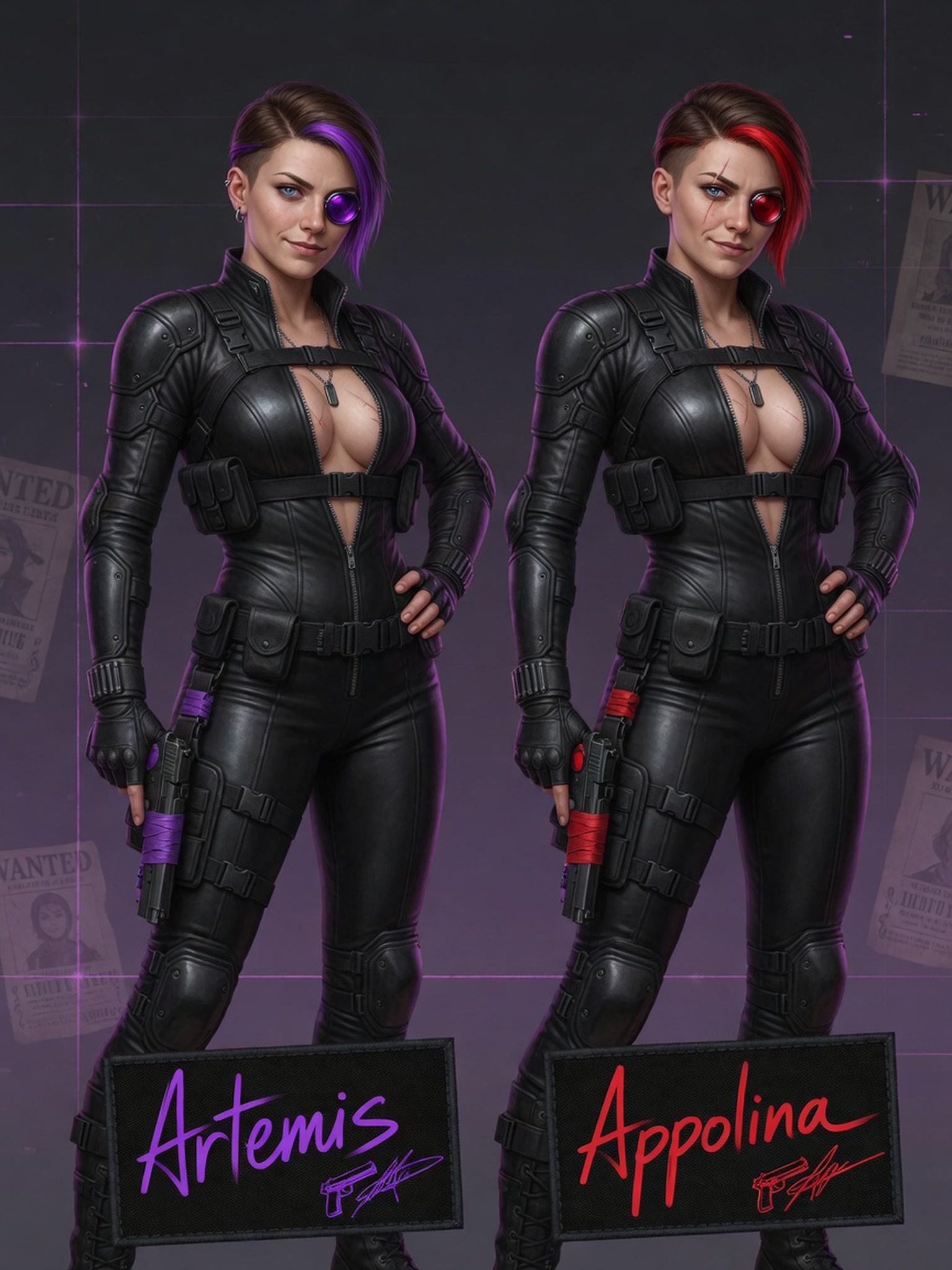 [Two side-by-side cyberpunk female mercenary character designs, Artemis and Appolina, in matching black tactical leather s...