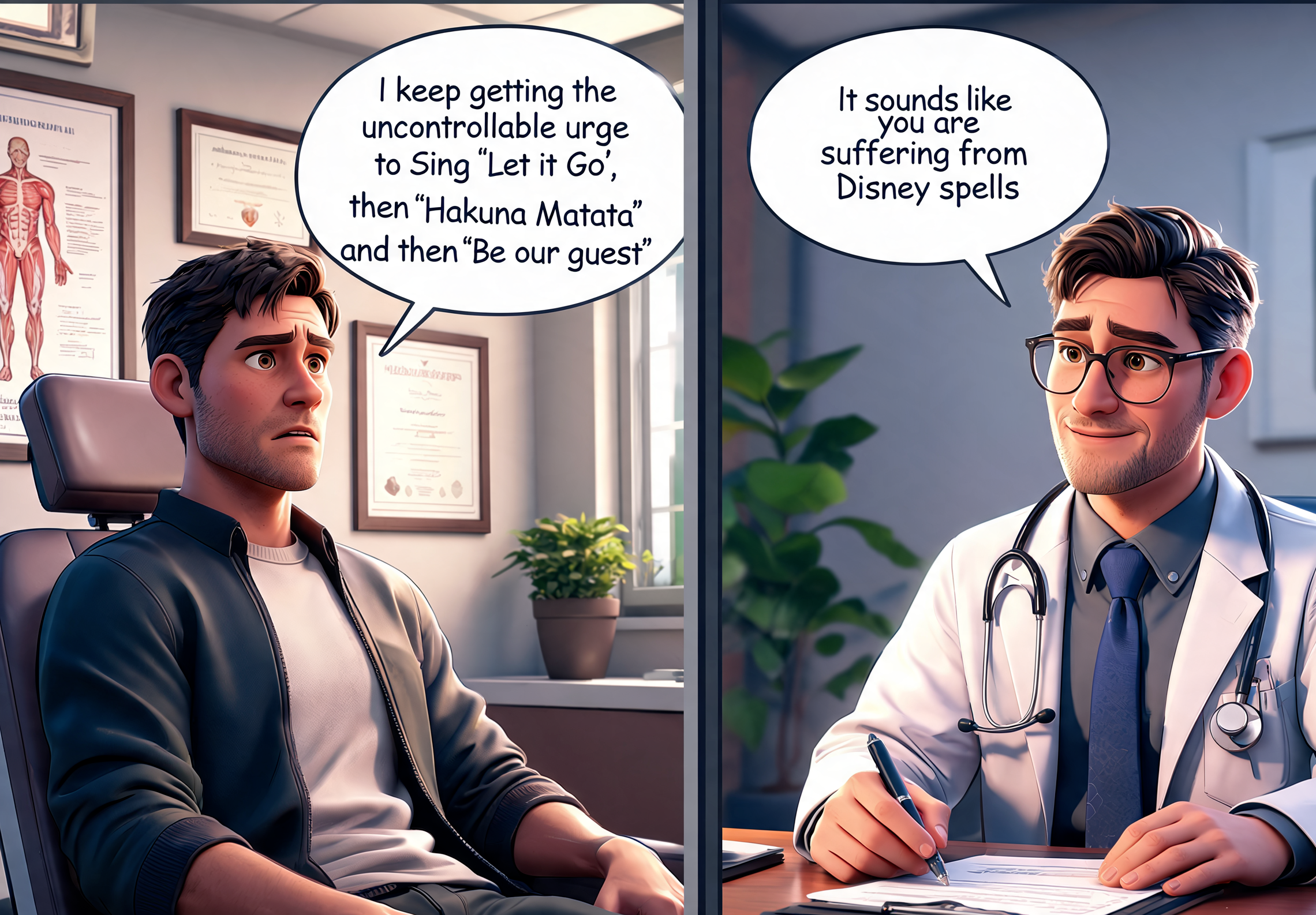 Two-panel funny cartoon meme of a patient describing Disney song urges, as his doctor deadpans a "Disney spells" diagnosis