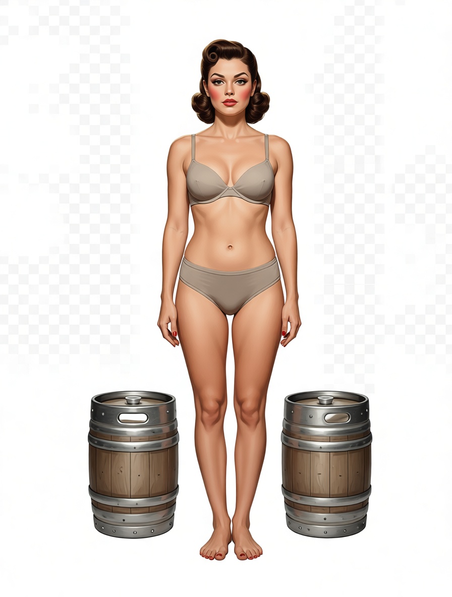 Retro 1950s pinup woman in beige lingerie standing between two wood and metal kegs on a transparent background