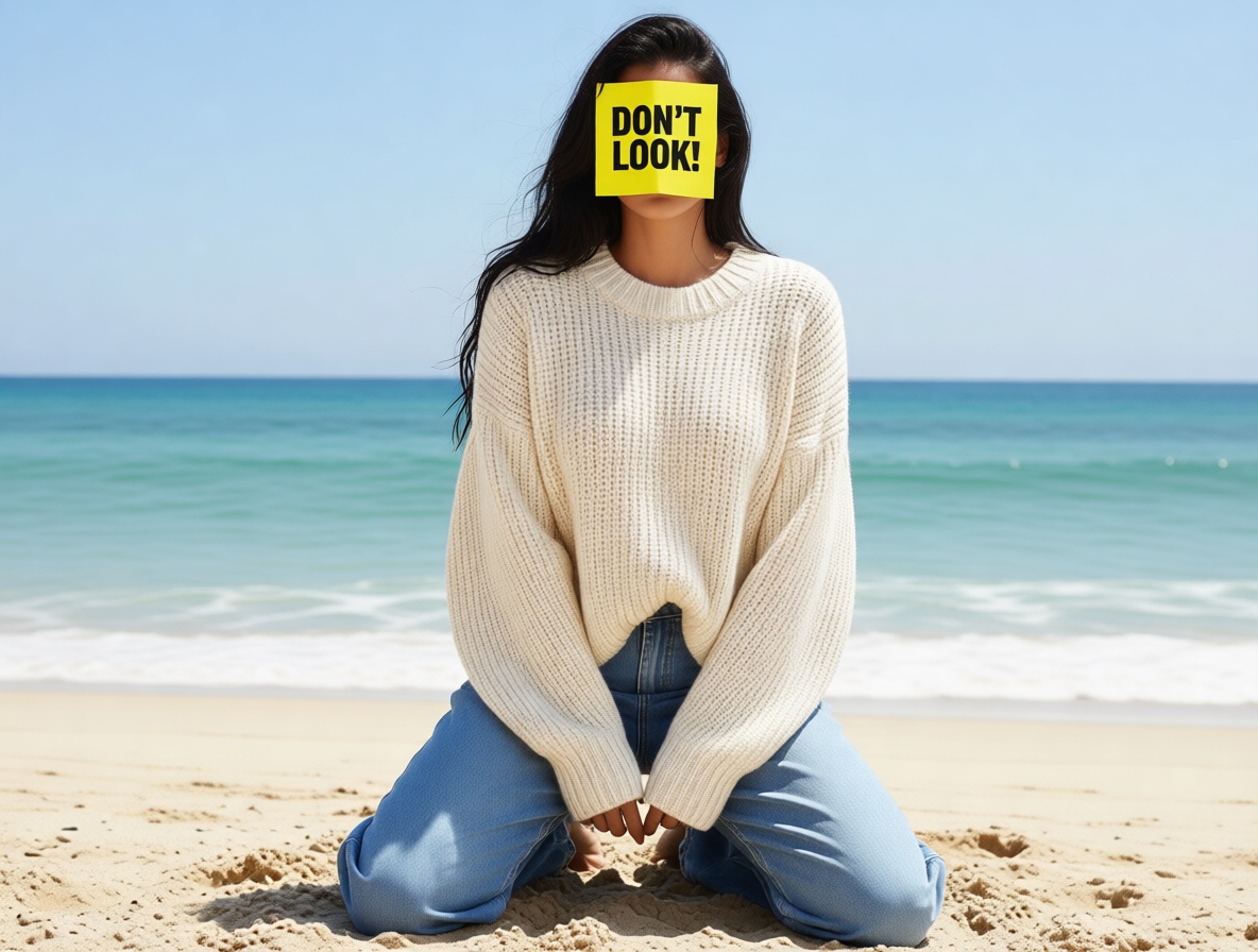 [Woman kneeling on sunny sandy beach, bright yellow "DON'T LOOK!" sticky note covering her face, wearing an oversized crea...
