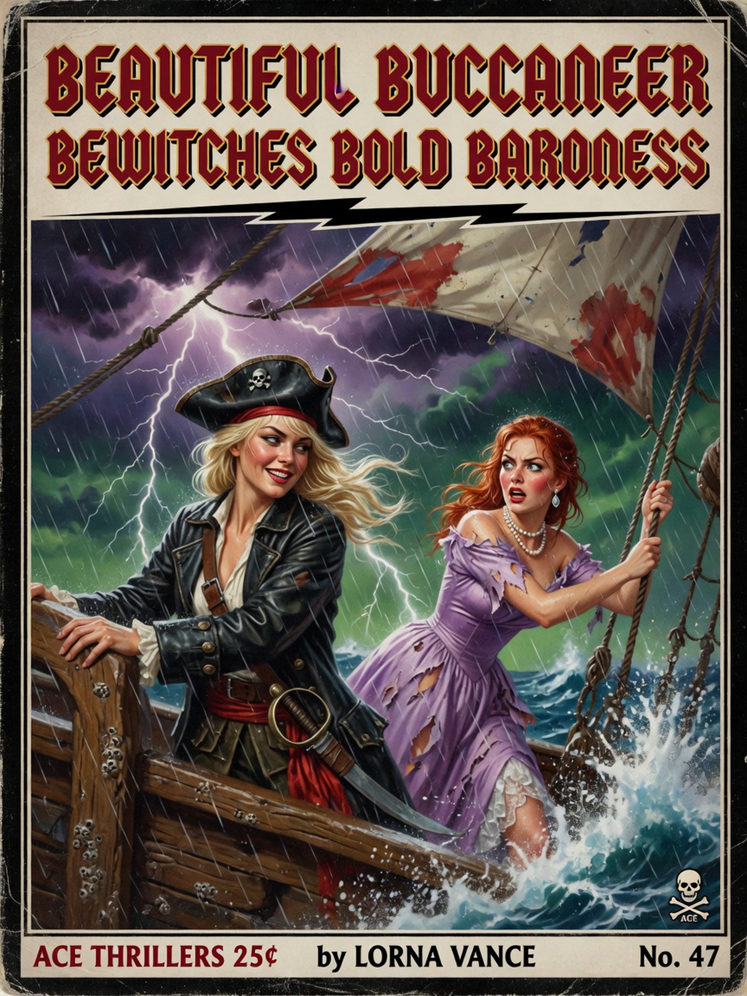 [Vintage pulp fiction book cover of a female pirate and startled baroness aboard a storm-tossed wooden ship during a light...