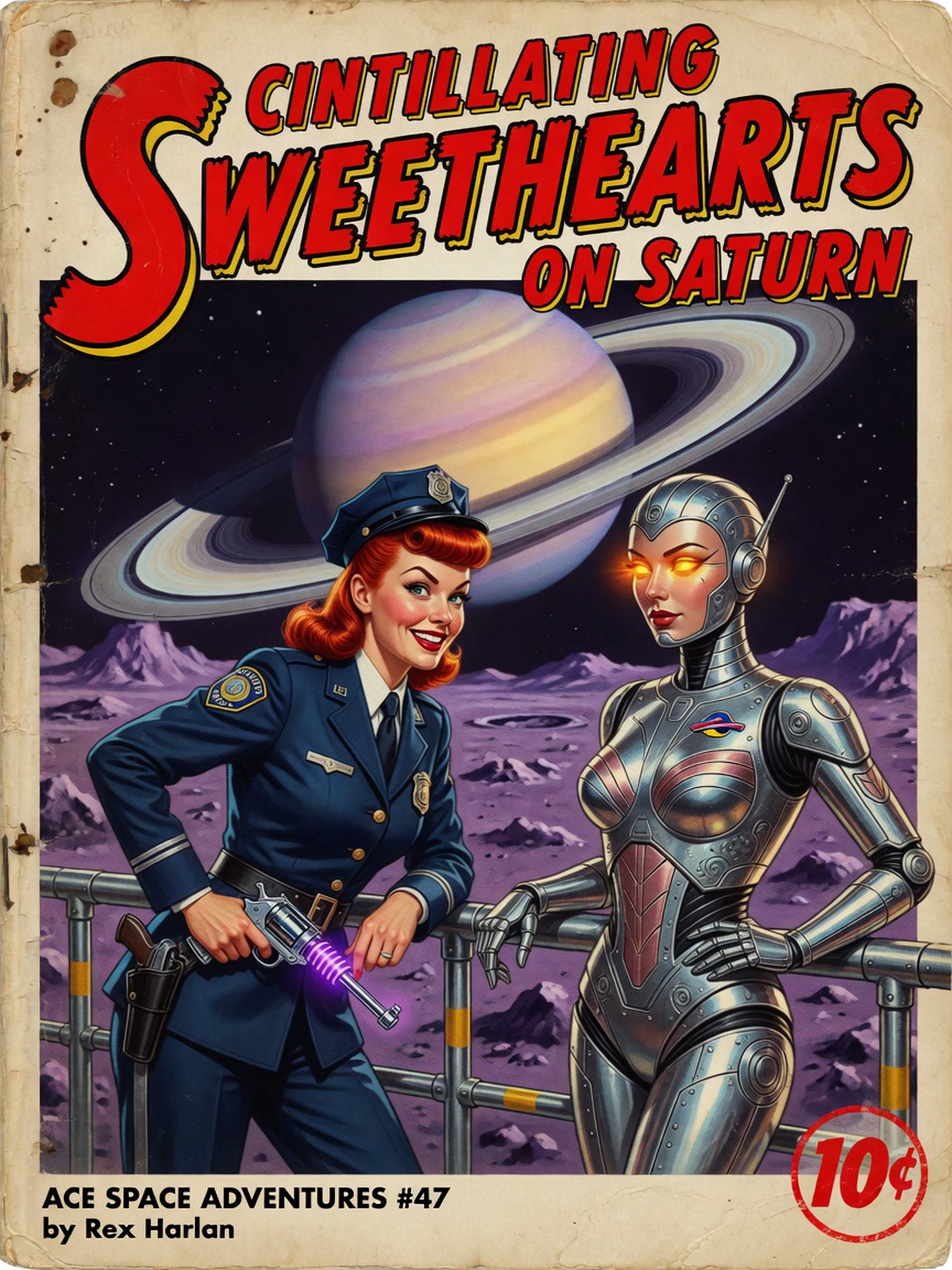 Vintage pulp comic cover "Cintillating Sweethearts on Saturn" showing space officer and silver robot on alien moon.