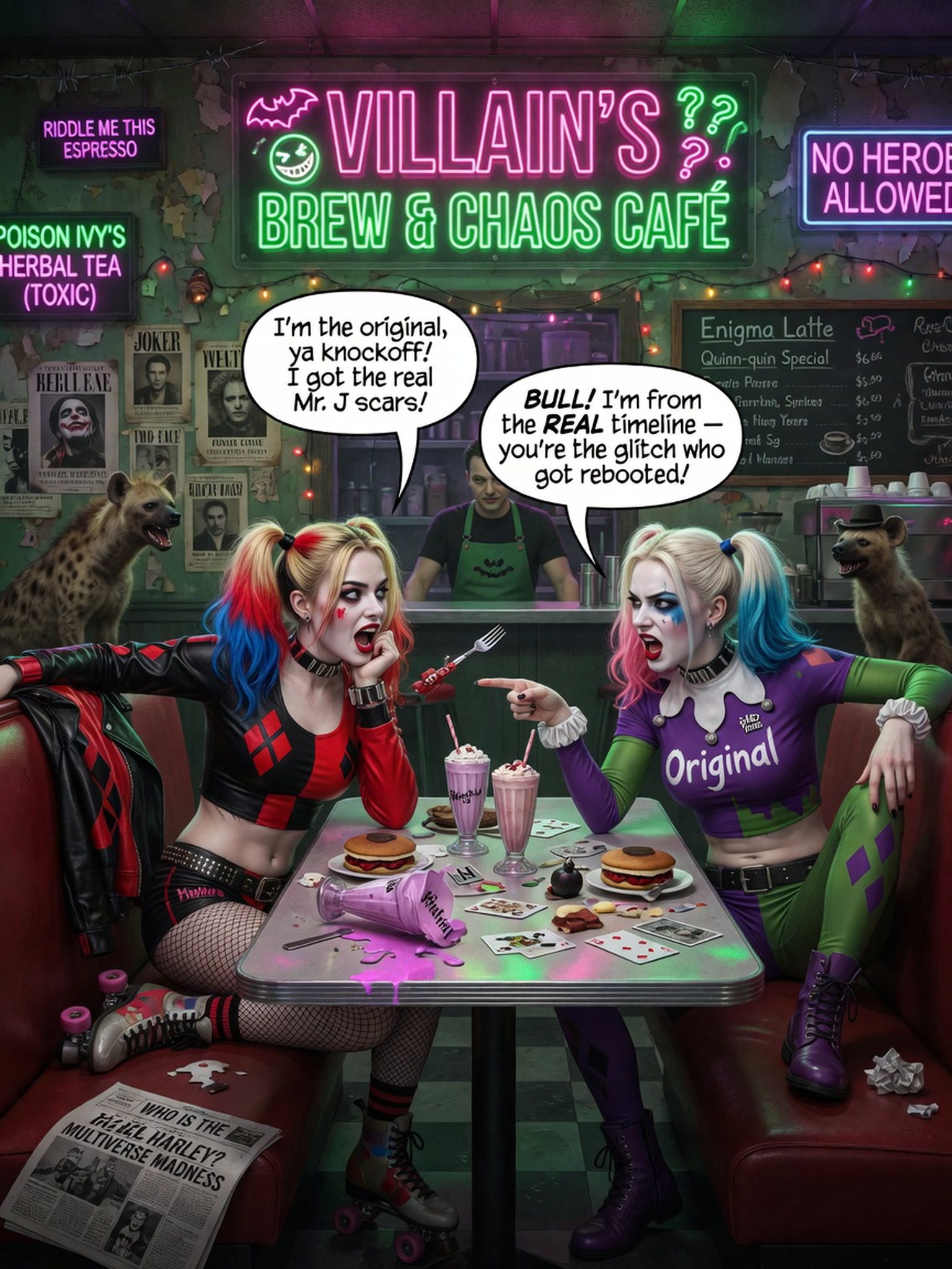 Two arguing Harley Quinn multiverse variants sit at a table in the neon-lit Villain's Brew & Chaos villain diner.
