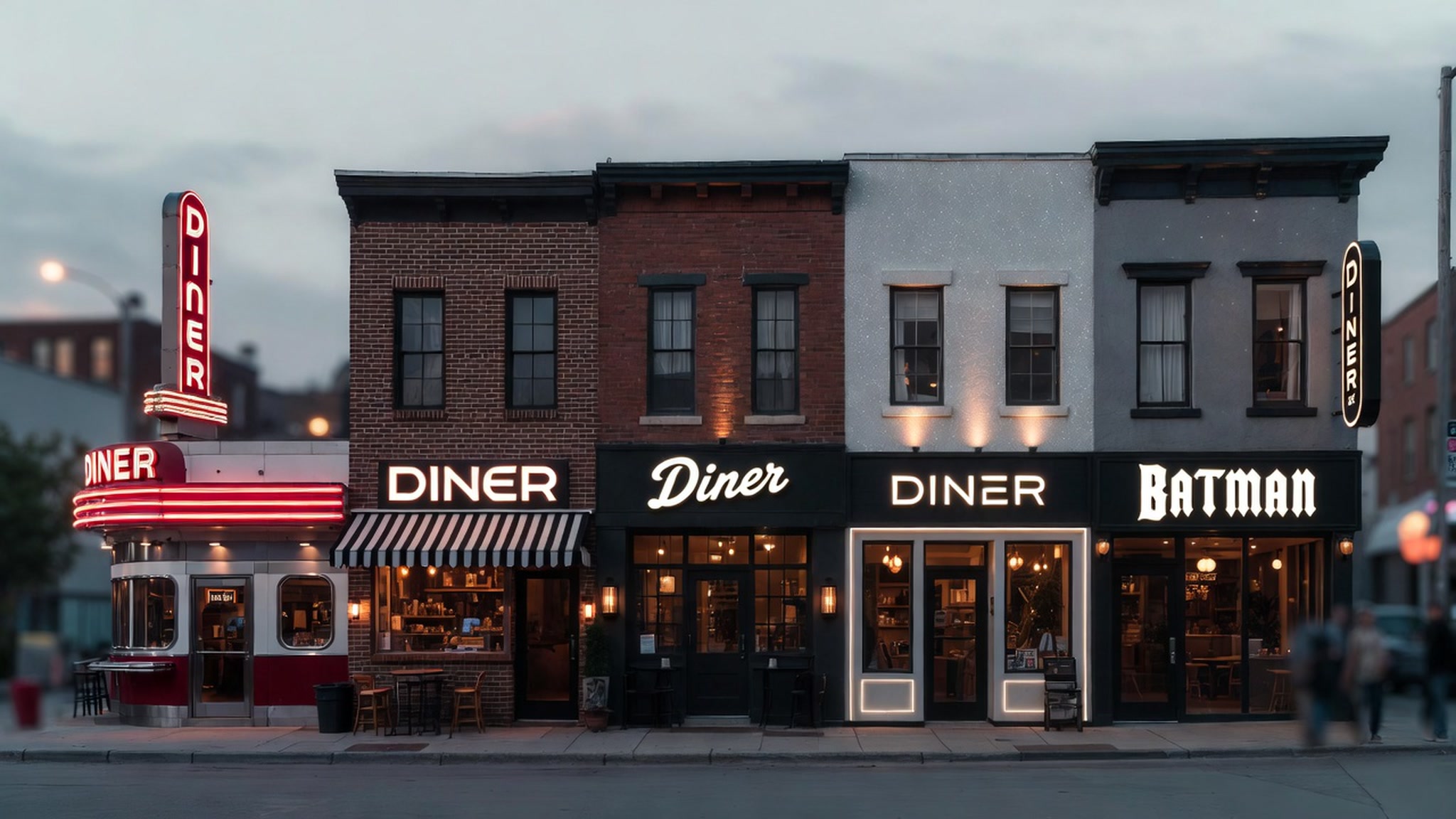 Row of adjacent city storefronts at dusk, four labeled as diners, the final storefront displays a glowing Batman sign.