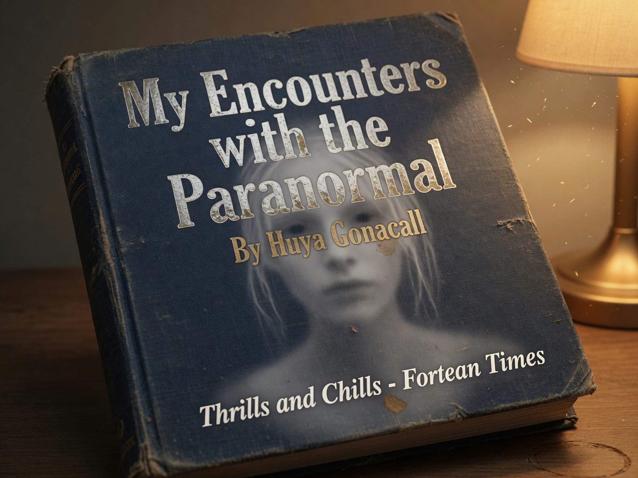 Tattered vintage "My Encounters with the Paranormal" hardcover with a translucent ghost face on its cover, lit by warm sid...