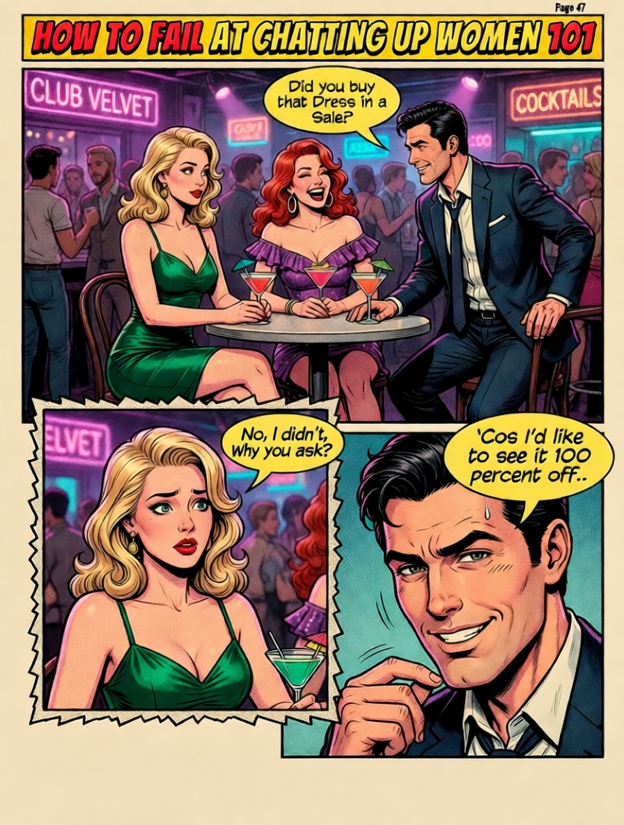 3-panel retro comic meme showing a funny failed pickup line scenario set in a neon nightclub bar