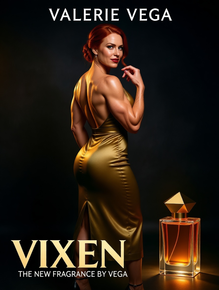 VIXEN fragrance advertisement featuring Valerie Vega in a backless gold gown beside a luxury crystal perfume bottle