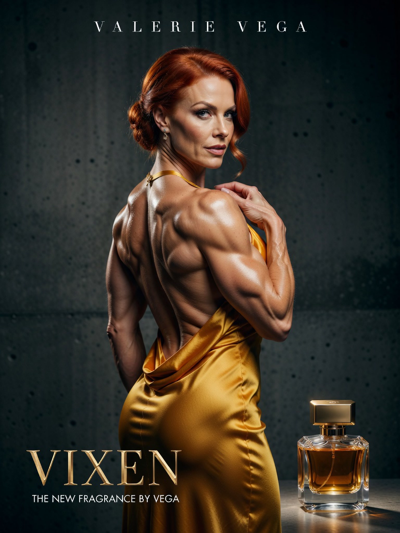 Vixen fragrance ad featuring muscular redhead model in gold satin gown beside a luxury glass perfume bottle