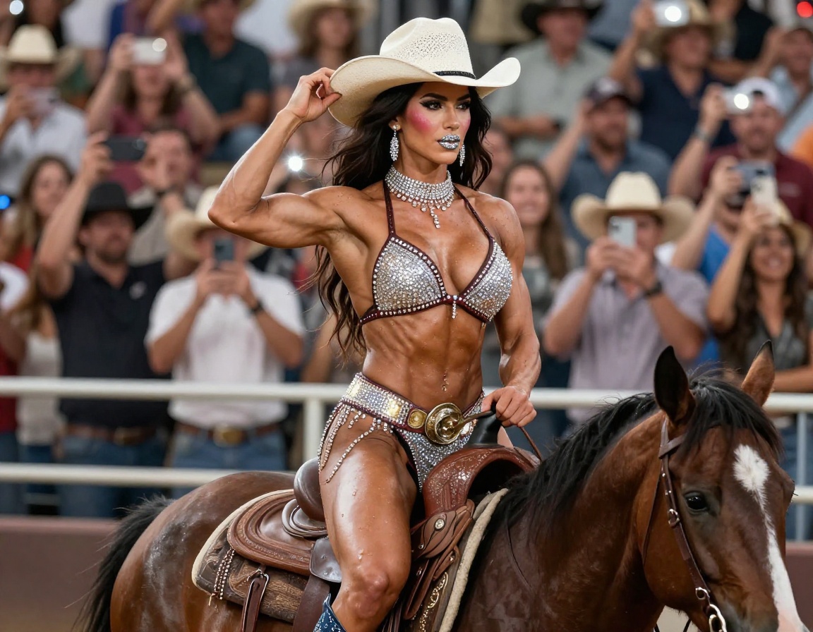 Muscular cowgirl in a sparkly outfit adjusts her cowboy hat while riding a horse at a crowded rodeo.