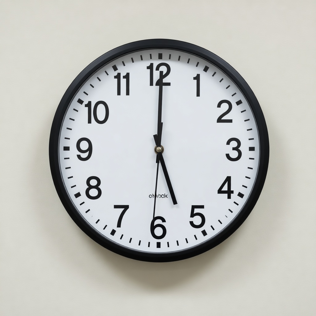 Round black-framed analog wall clock mounted on a plain light beige wall, showing approximately 5 o'clock.