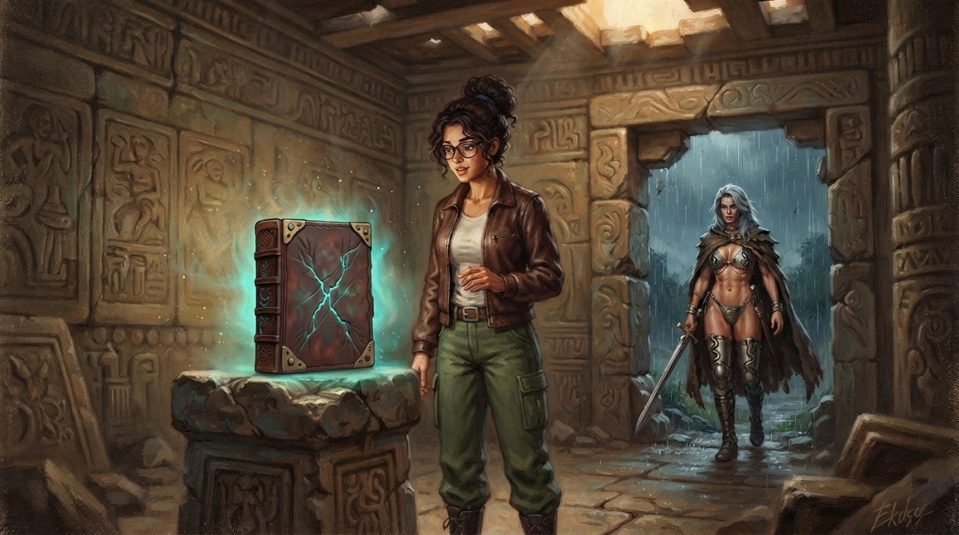 Female archaeologist stands by a glowing magical tome as an armed warrior enters a carved ancient stone temple ruin.