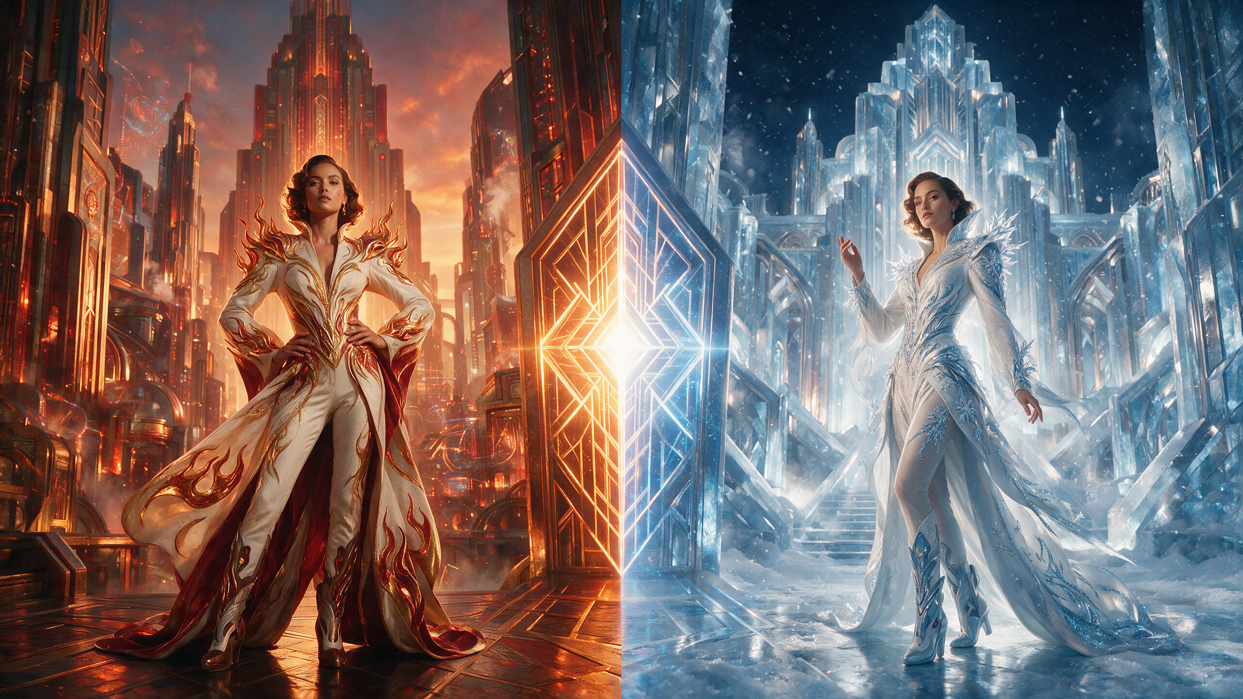 [Split diptych of the same fantasy queen in flame regalia on a warm fire city side, ice regalia on a frozen crystal city s...