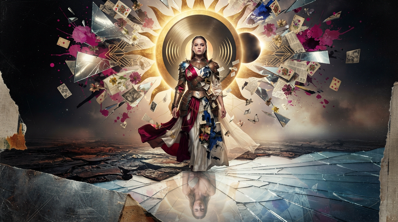 [Surreal fantasy portrait of an armored female warrior standing before a glowing golden sun, surrounded by floating cards,...