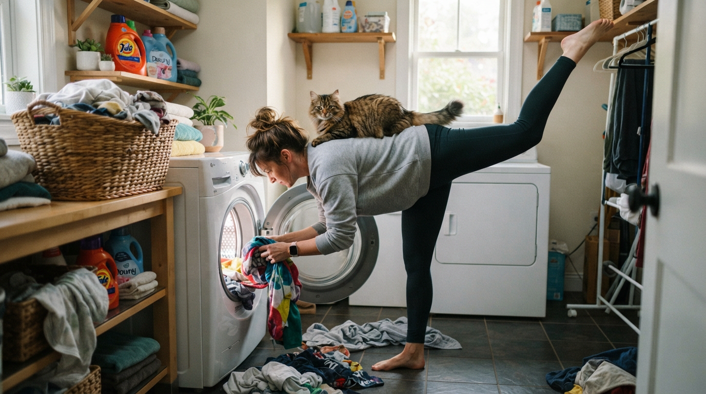 Woman holds standing yoga pose loading laundry, tabby cat rests calmly on her back in a sunlit home laundry room.