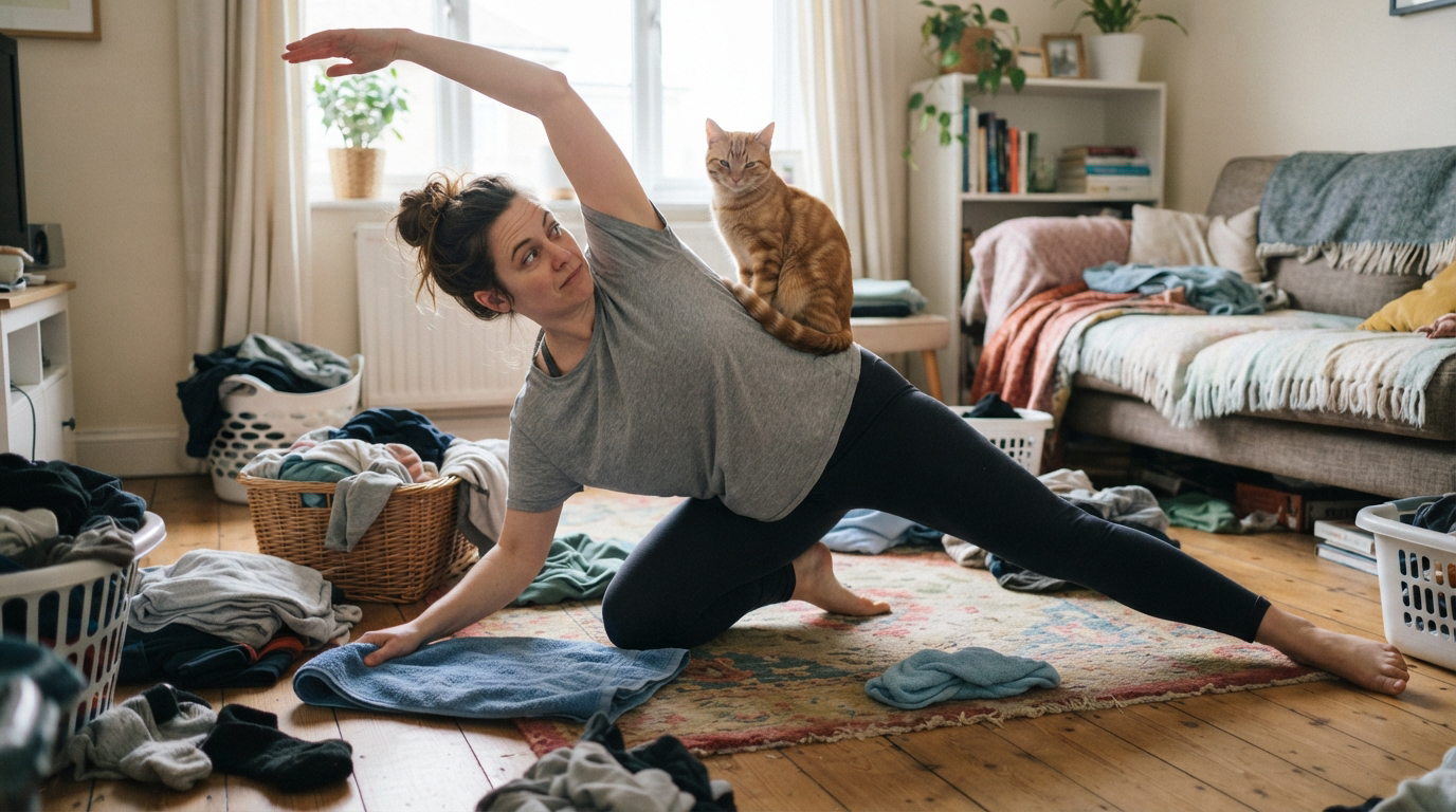 Woman doing a side stretch yoga pose with an orange tabby cat sitting on her back, surrounded by laundry in a sunlit home ...