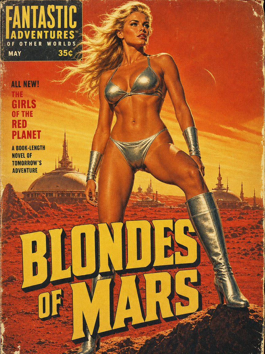 Vintage pulp sci-fi magazine cover for "Blondes of Mars" featuring a blonde warrior in silver armor on a red Martian lands...