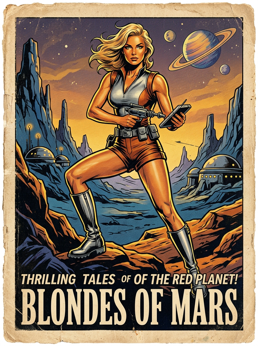 [Vintage retro sci-fi pulp poster of a blonde space adventurer standing on an alien Martian landscape, titled Blondes of M...