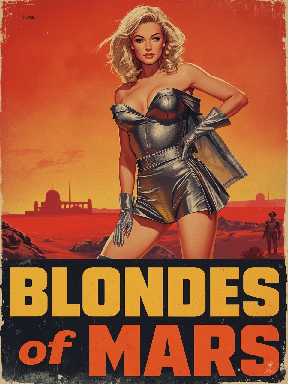 [Vintage retro sci-fi poster of a glamorous blonde in a silver futuristic outfit, titled "Blondes of Mars" over a red Mart...