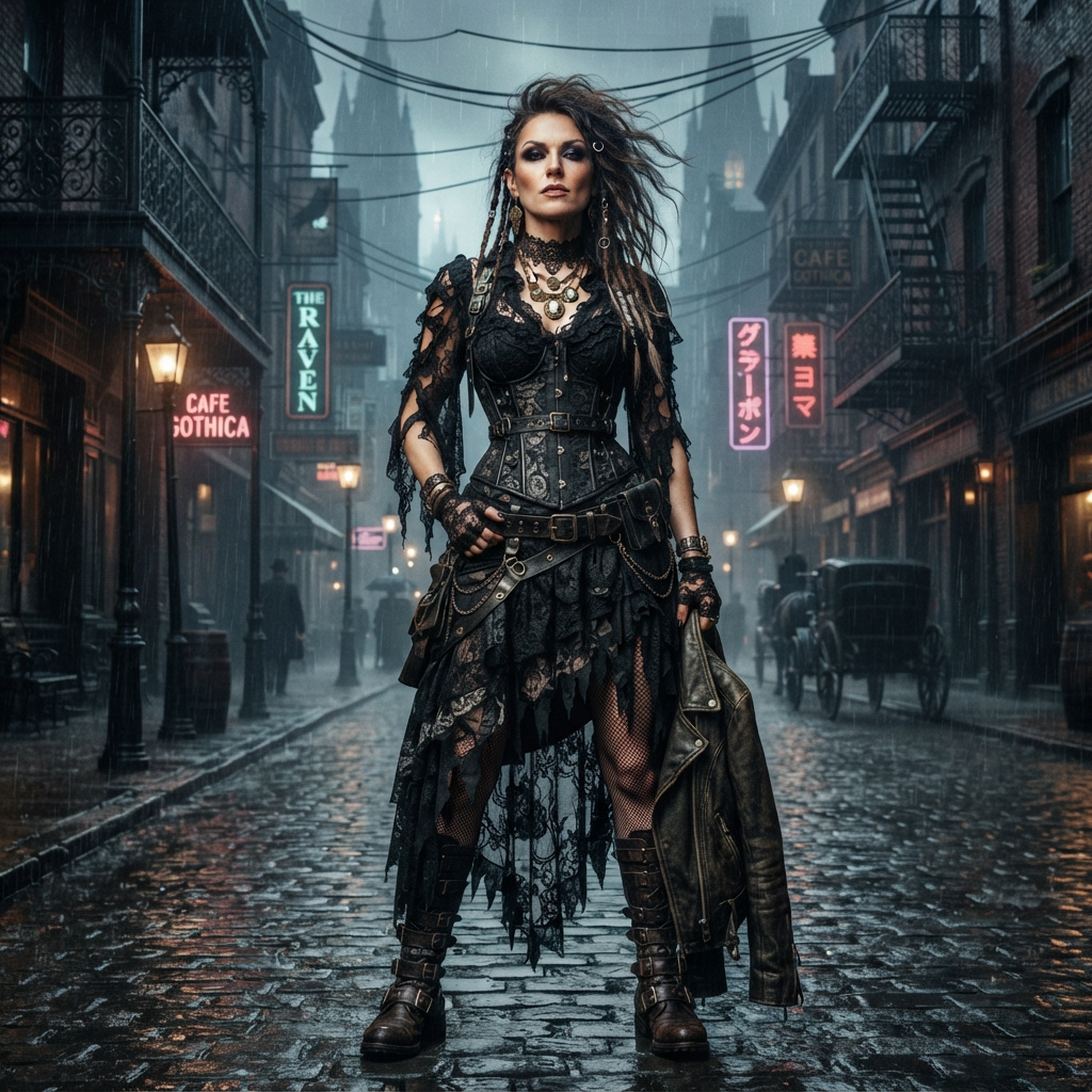 Steampunk goth woman in lace corset attire stands on a rain-soaked neon-lit cobblestone city street.