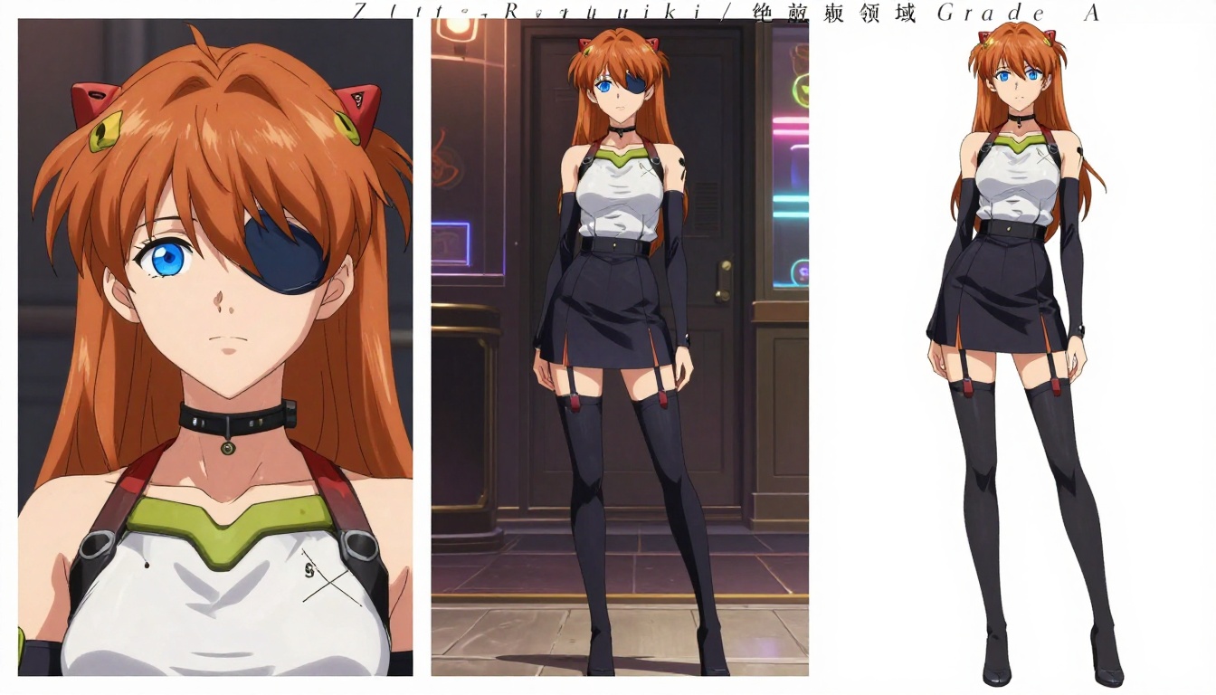 3-panel anime reference sheet of Asuka Langley Soryu, showing headshot, indoor full body, and plain background full body v...